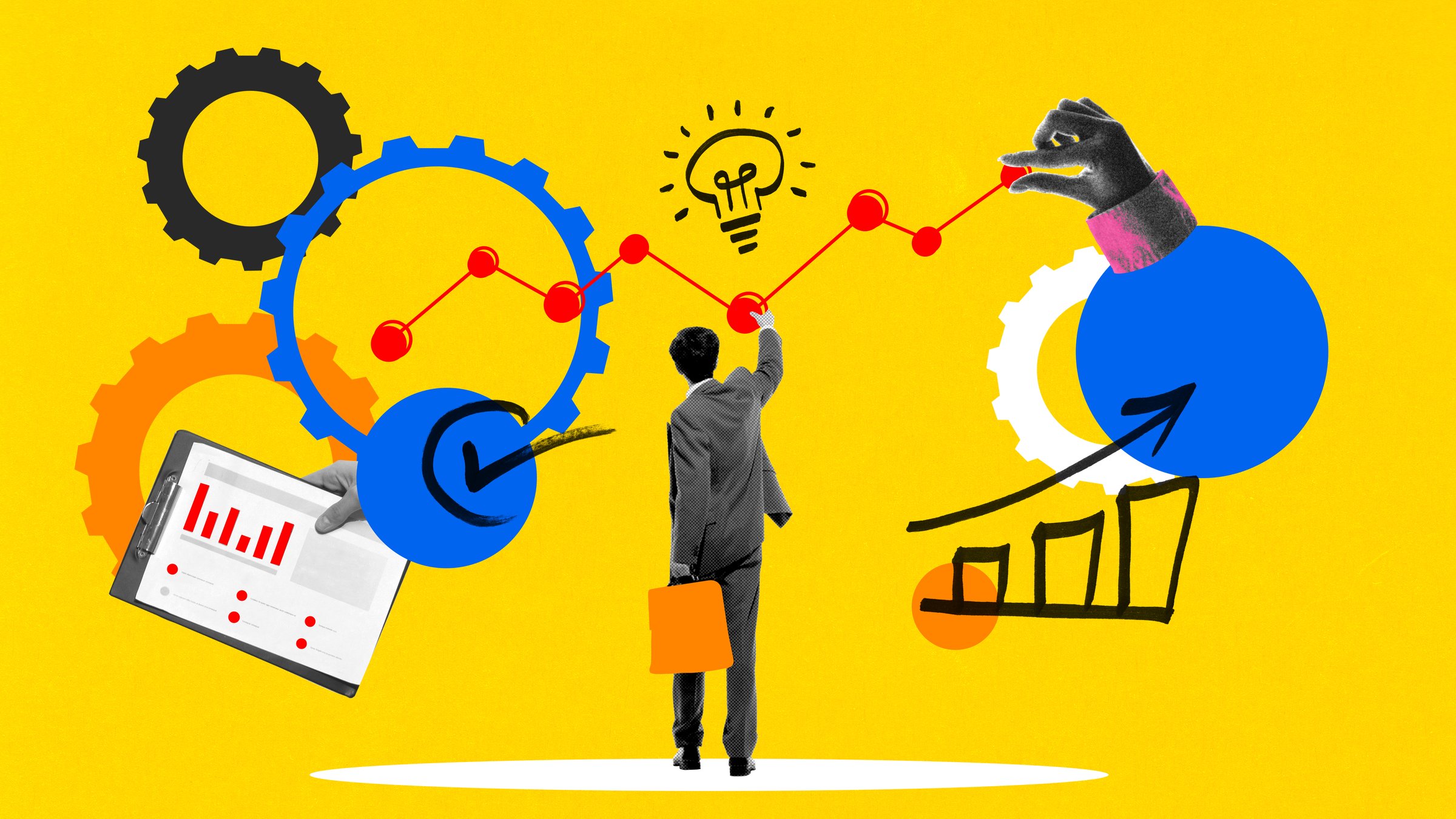 Businessman pointing at graph, holding briefcase, surrounded by analytics, innovation, teamwork symbols. Concept of data-driven strategy, business planning, leadership. Conceptual art design