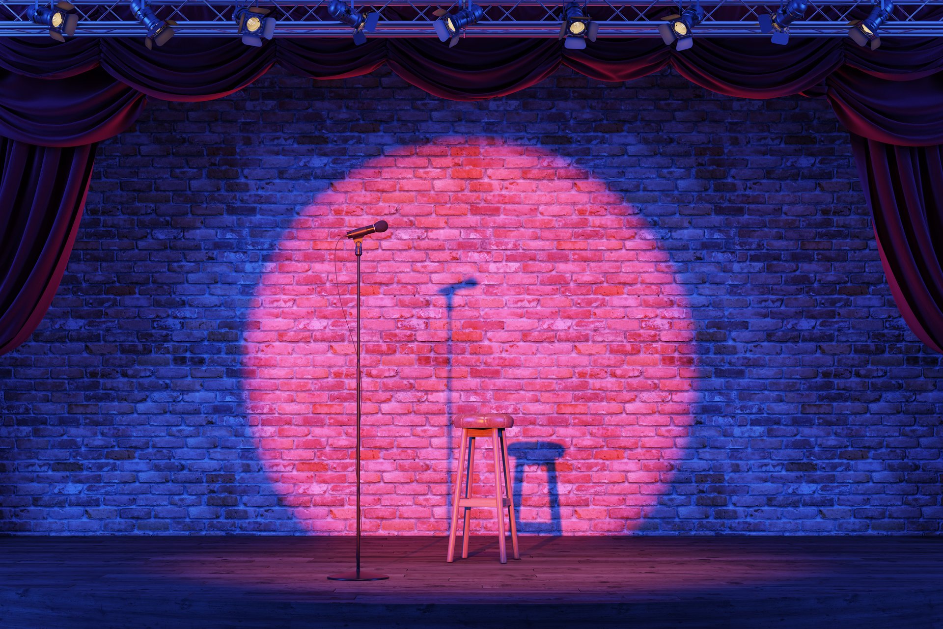 Empty stand-up stage with a microphone and spotlights. An empty stage with bricks on background. 3d