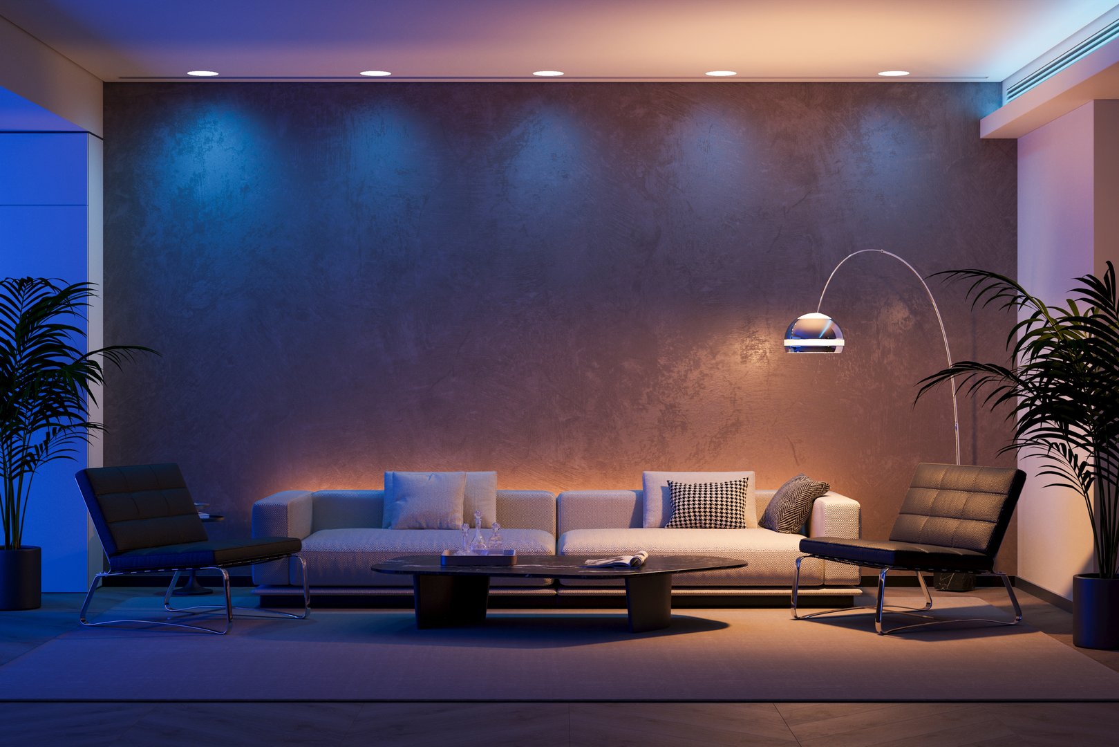 Industrial Loft Living Room with Deep Blue and Warm Orange Ambient Lighting. Dramatic Color Wash on Textured Stucco Wall.
