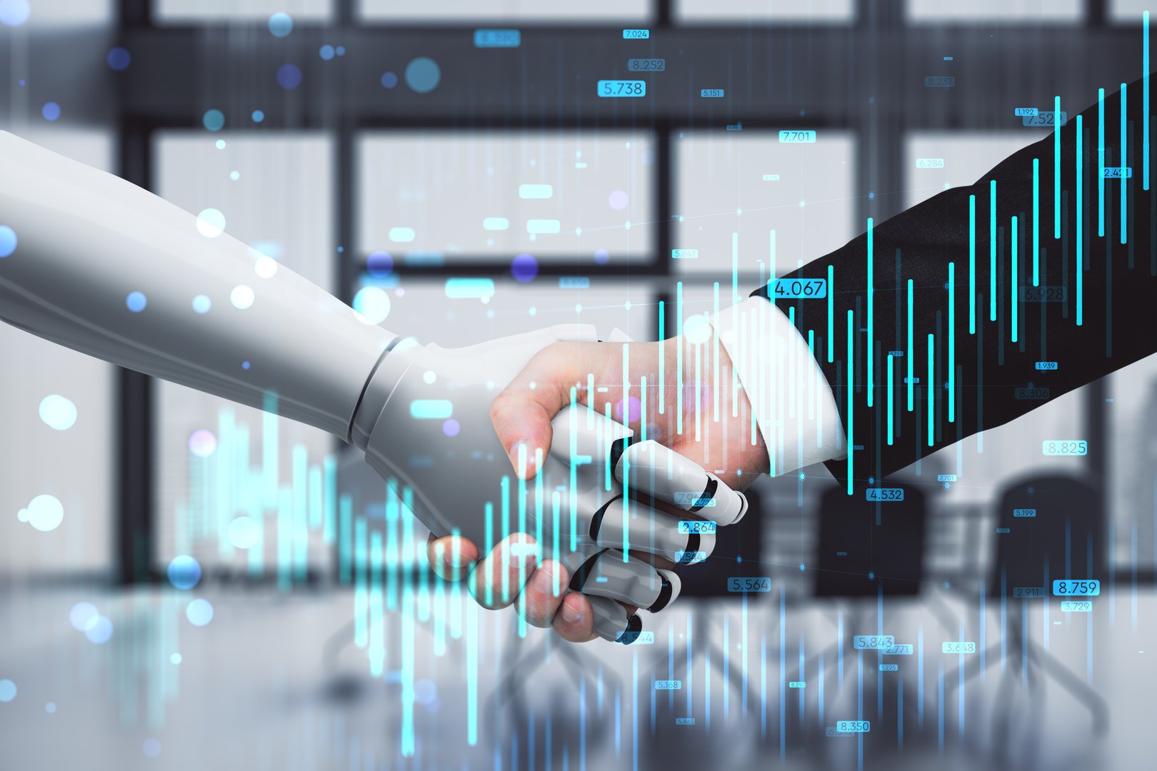 Robotic and human hands shaking in an office, with financial graphs overlay. Represents fintech, AI collaboration, and business partnerships concept