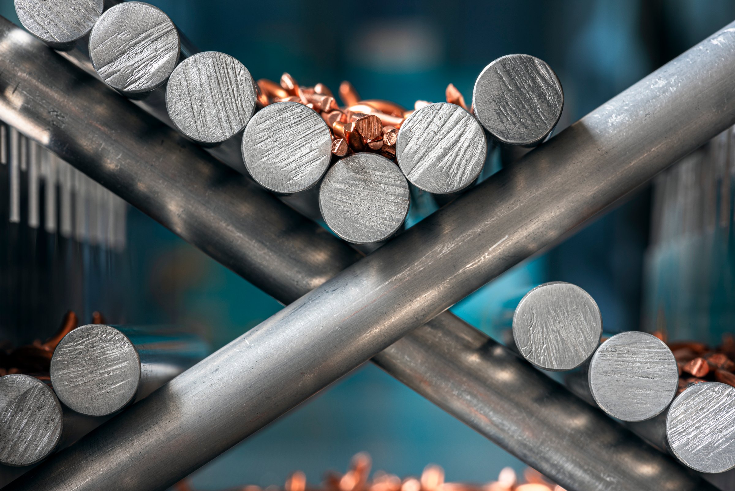 Profiles, components, and metallurgical raw materials, industrial interior with cold lighting