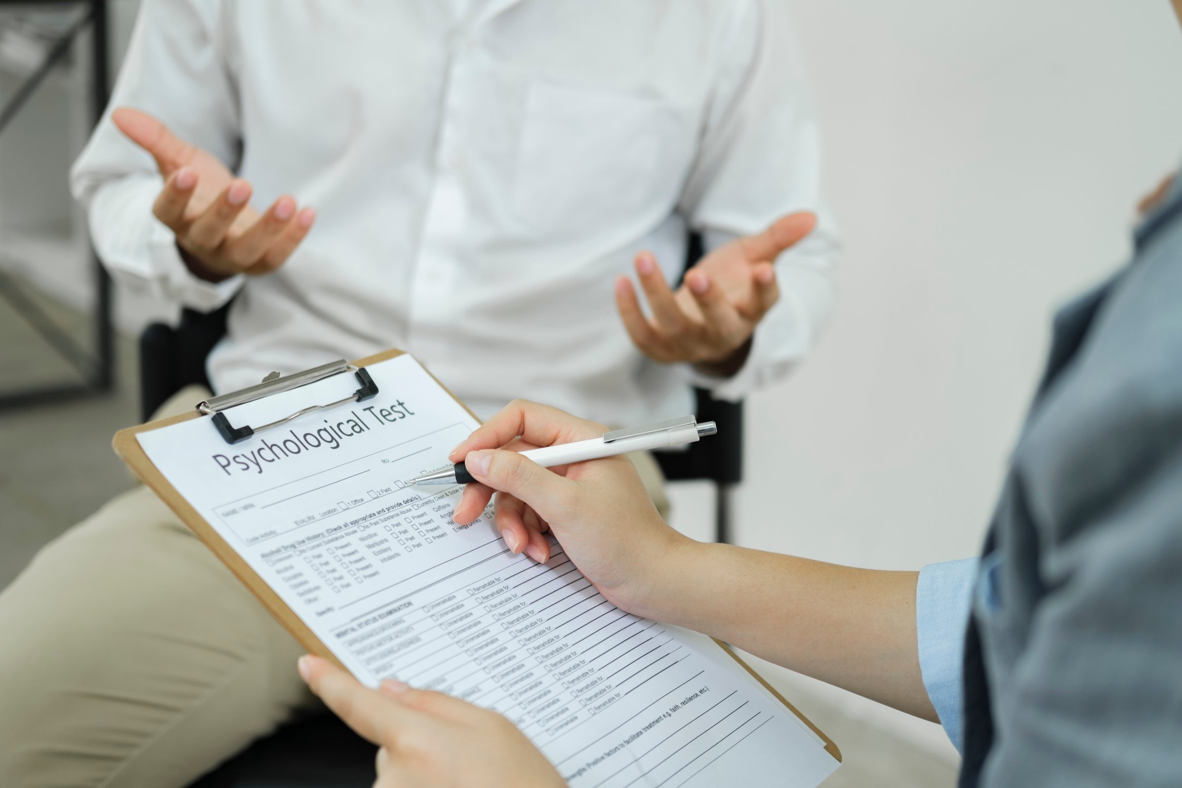 Menopause man, stressful patient consulting with doctor or psychiatrist who diagnostic examining on obstetric - gynaecological female illness, or mental health in medical clinic or hospital.