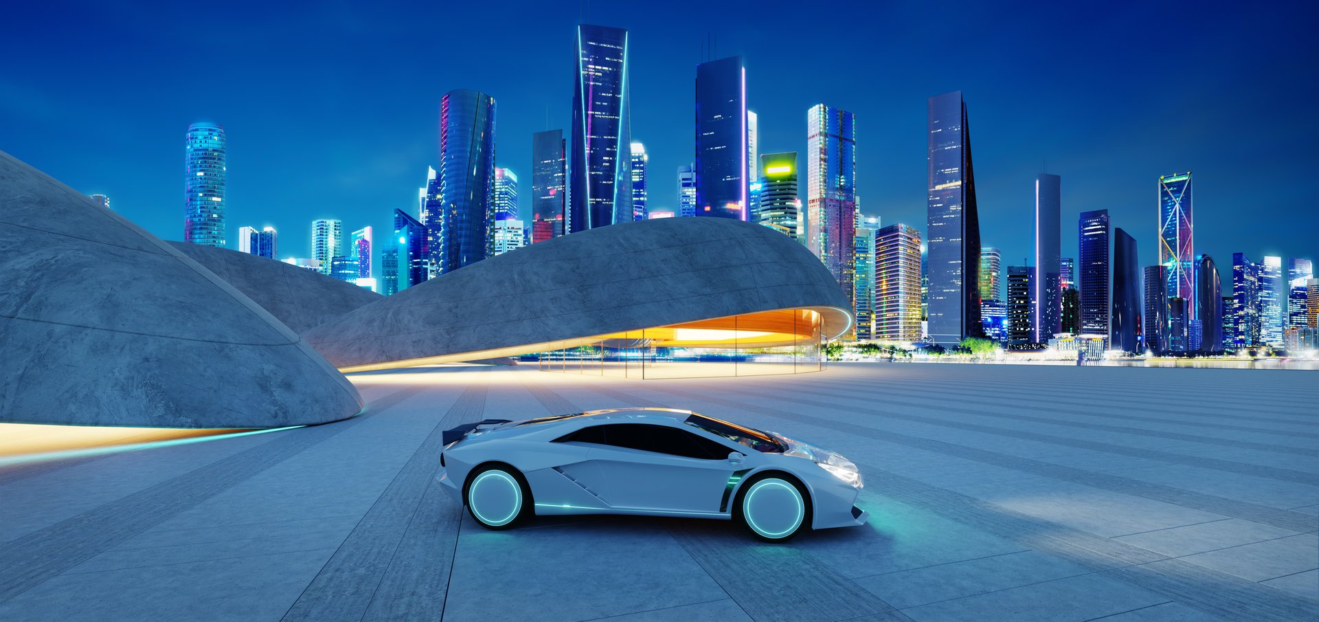 Autonomous electric car park at futuristic parking lot in a smart city at night, showcasing innovation and sustainable transportation