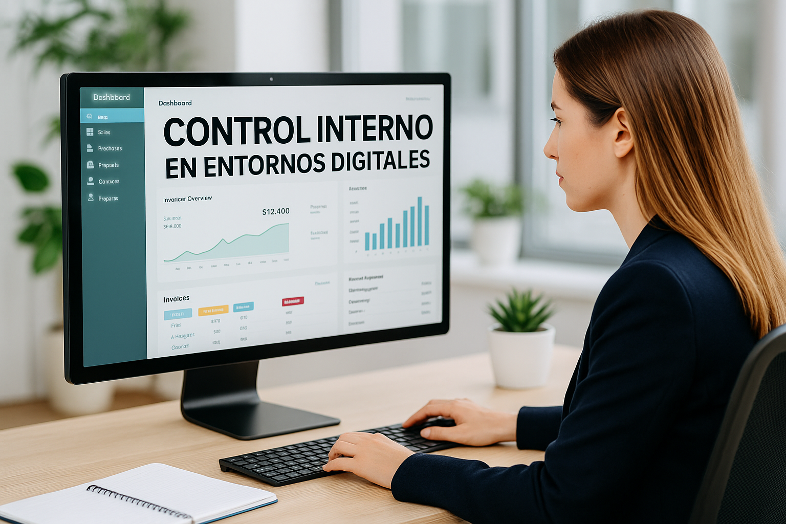 Person working at a desk on a computer displaying a digital dashboard titled "Control Interno en Entornos Digitales."