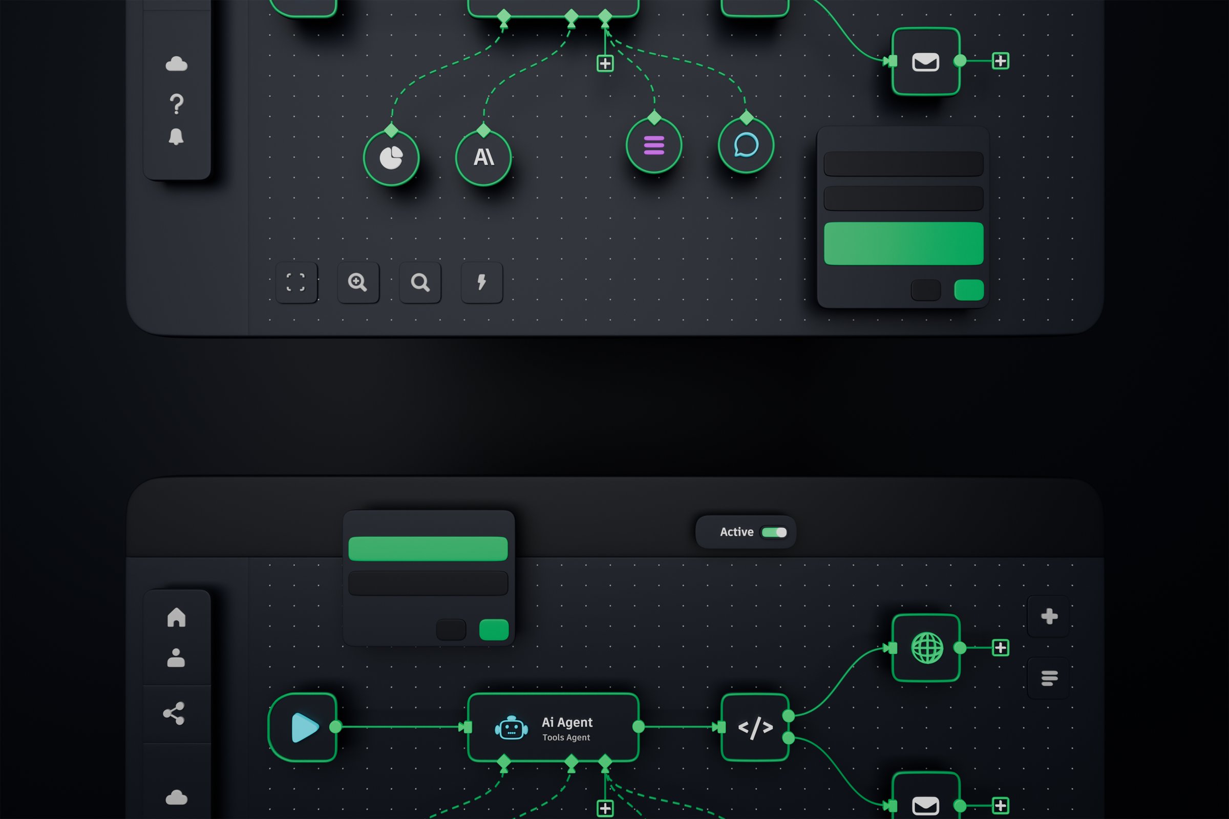 AI workflow automation artificial intelligence software interface nodes triggers data tool dashboard coding icon flow process technology 3d rendering.