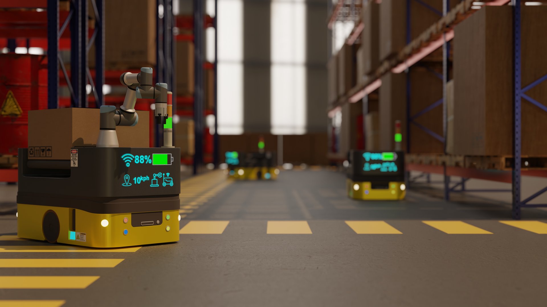 Factory 4.0 concept: The collaboration of Collaborative Robot, Industrial robot, AGV(automated guided vehicle) and AI in smart warehouse. 3D illustration