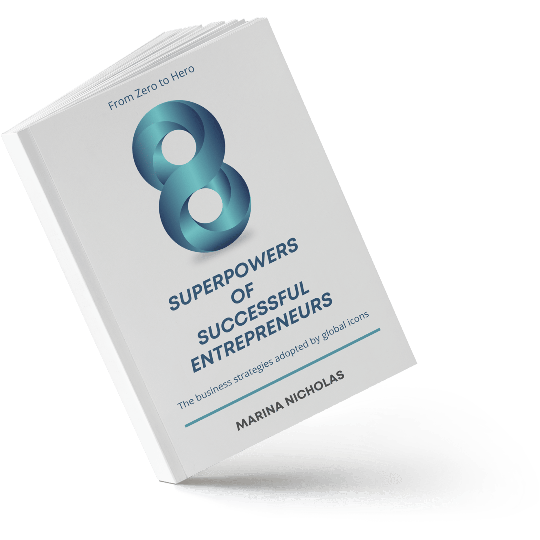 3D rendering of a book titled 8 Superpowers of Successful Entrepreneurs by Marina Nicholas with a modern cover design.