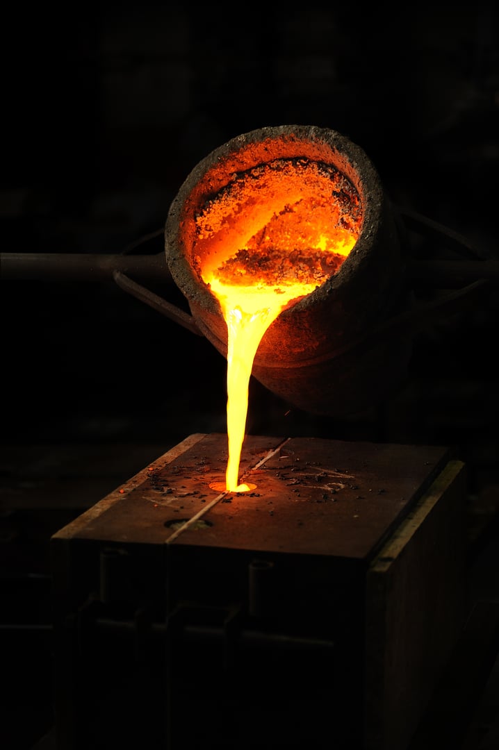 Foundry - molten metal poured from ladle into mould