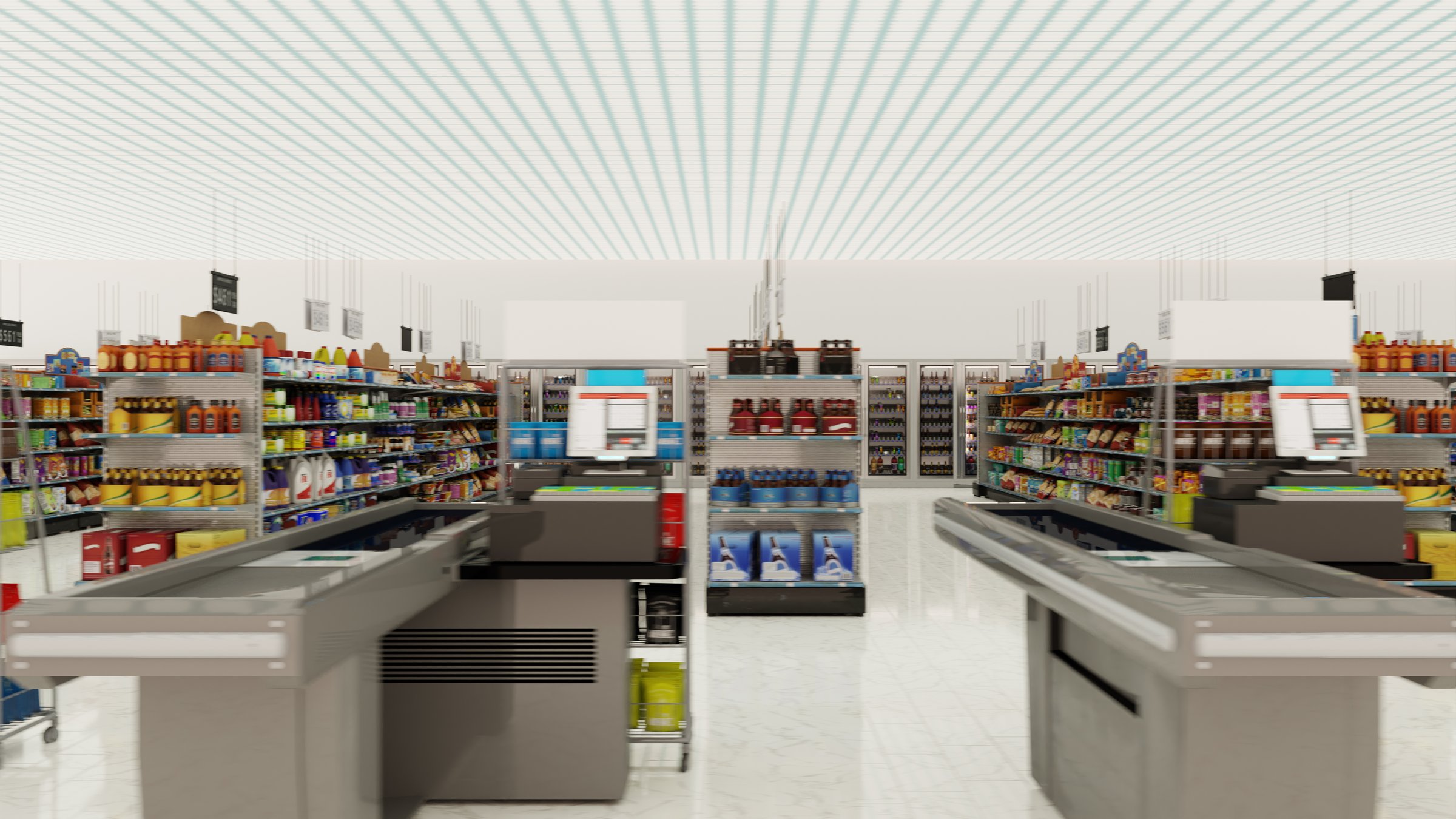 3D Rendering. Store interior supermarket with shelf shelves.