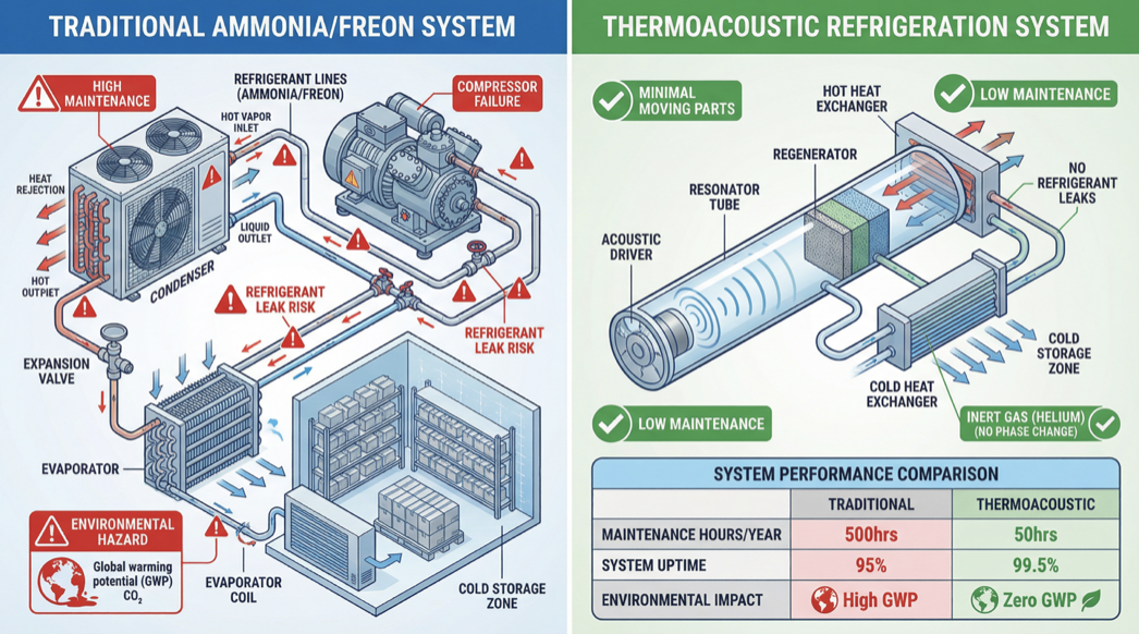 Thermoacoustic refrigeration system diagram for cold storage