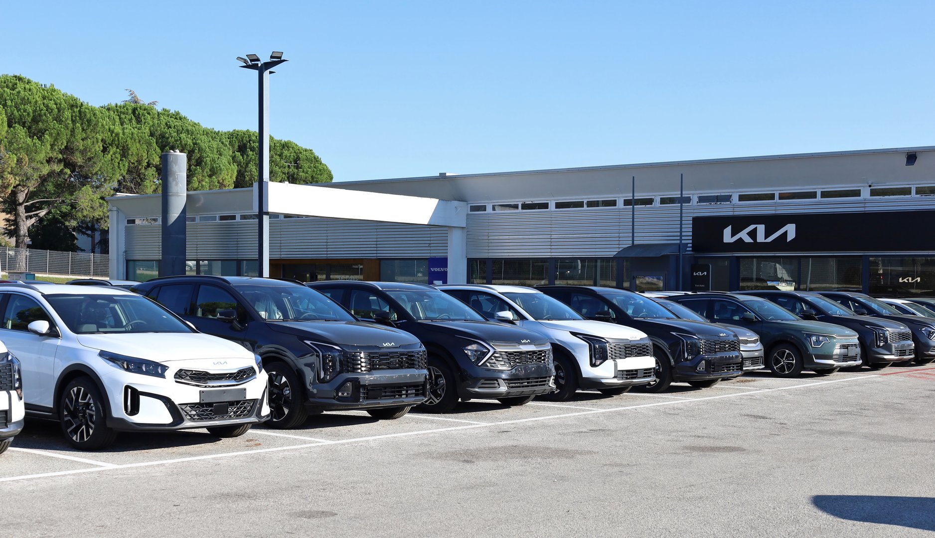 Udine, Italy. October 3, 2025. New Kia cars lined up in front of the facade of the official dealership.