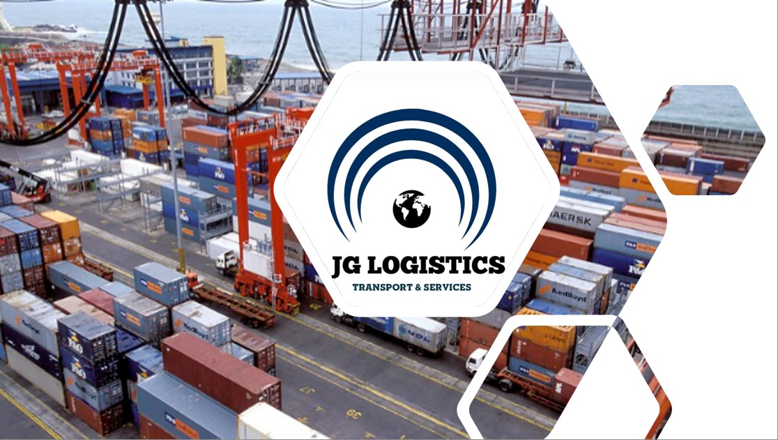Busy shipping port with stacked containers and JG Logistics logo overlayed, featuring cranes and cargo transport services.