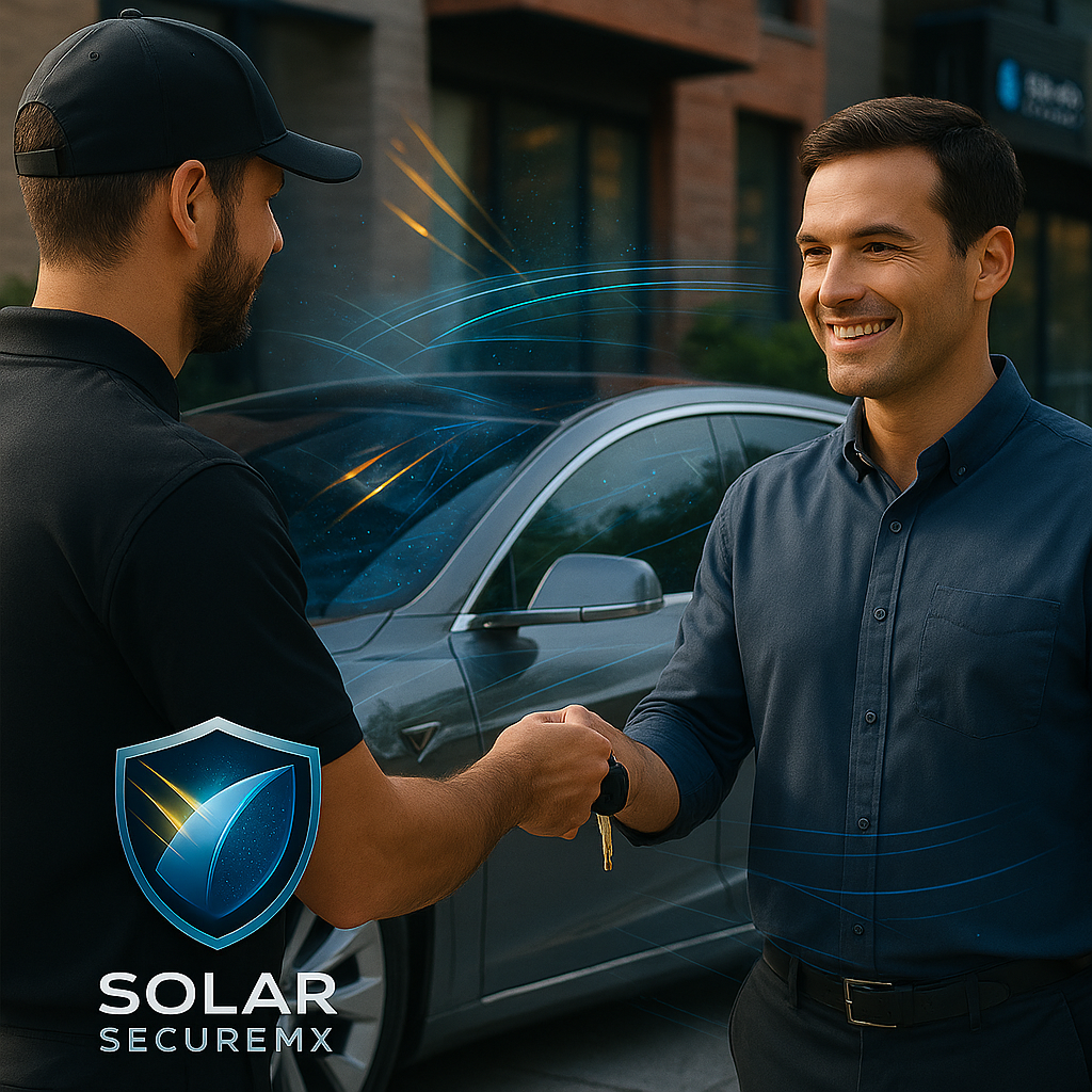 Two men shaking hands in front of a car, one handing over keys. Logo of Solar SecureMX on the image.