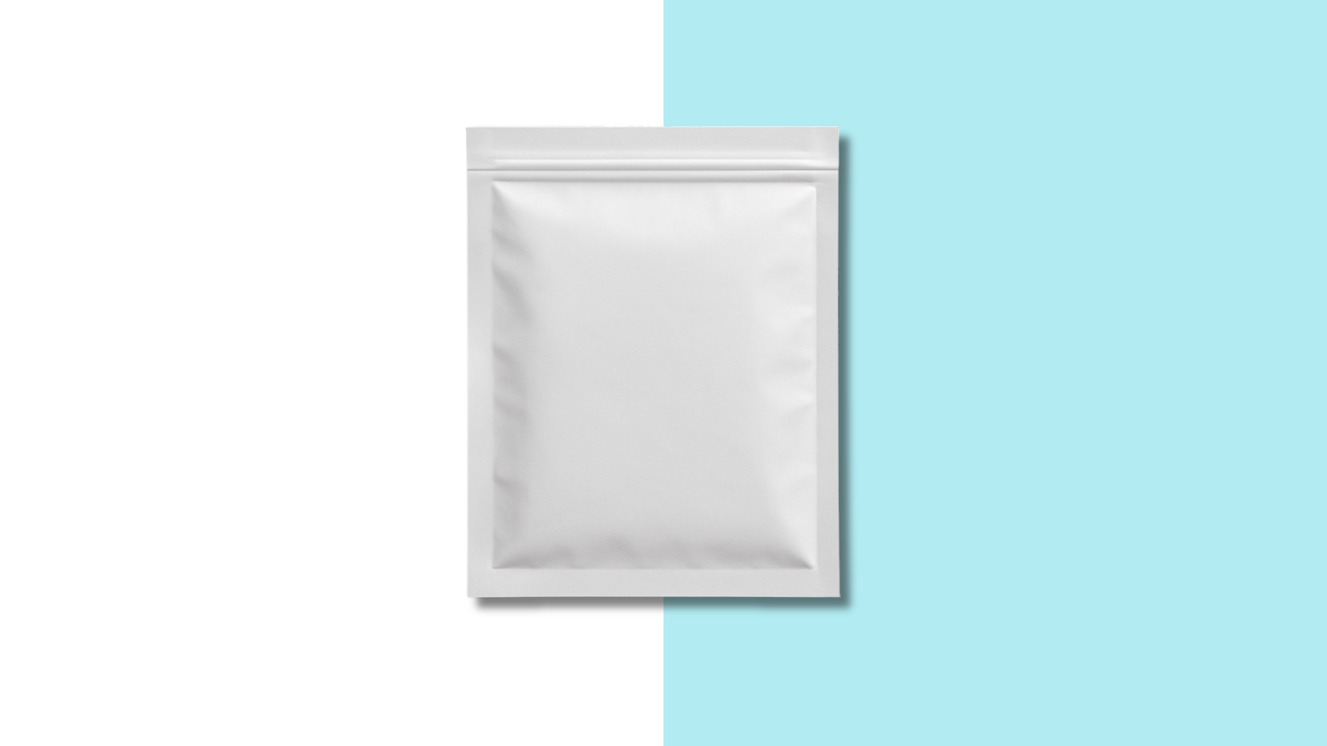 A white, sealed, flat pouch on a split white and turquoise background, used for packaging or storage.
