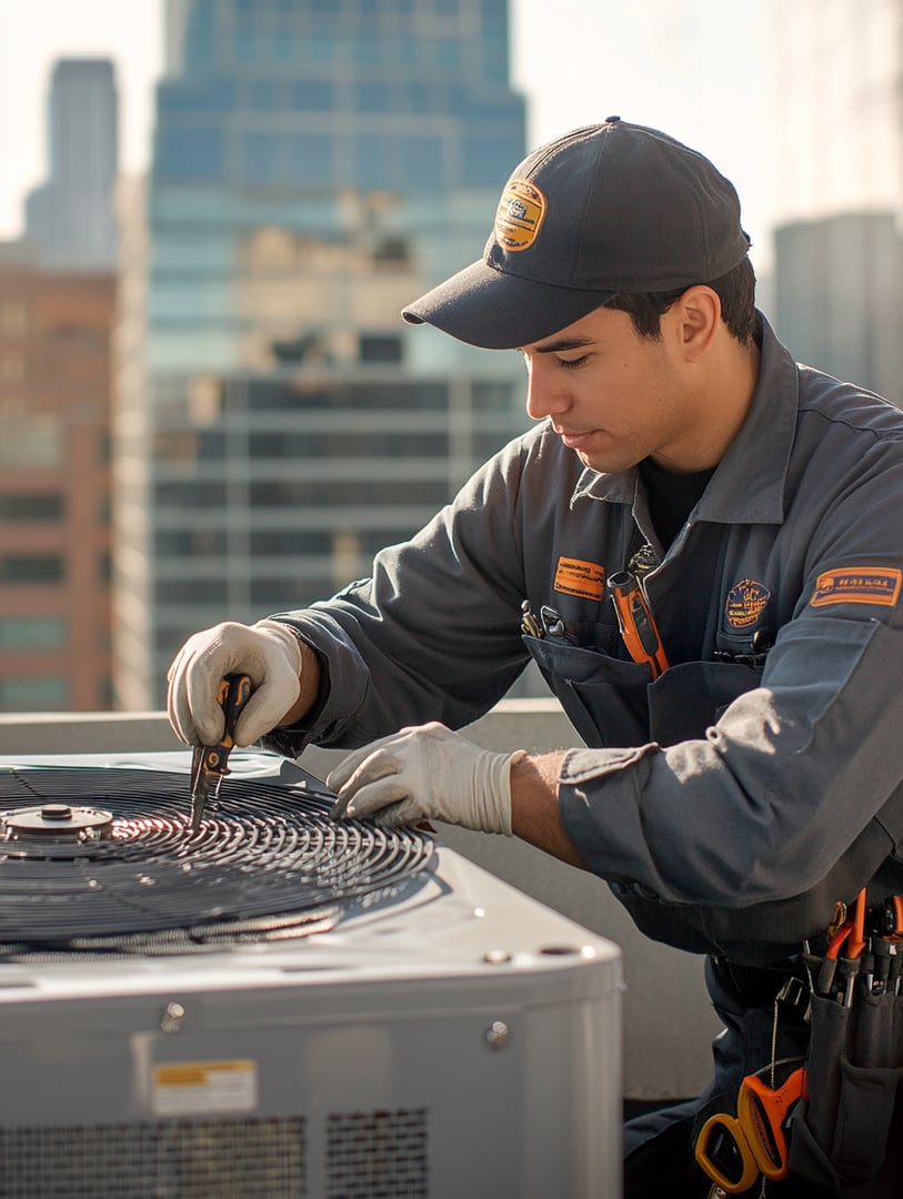 A technician in uniform adjusts an HVAC unit on a rooftop with city buildings in the background.