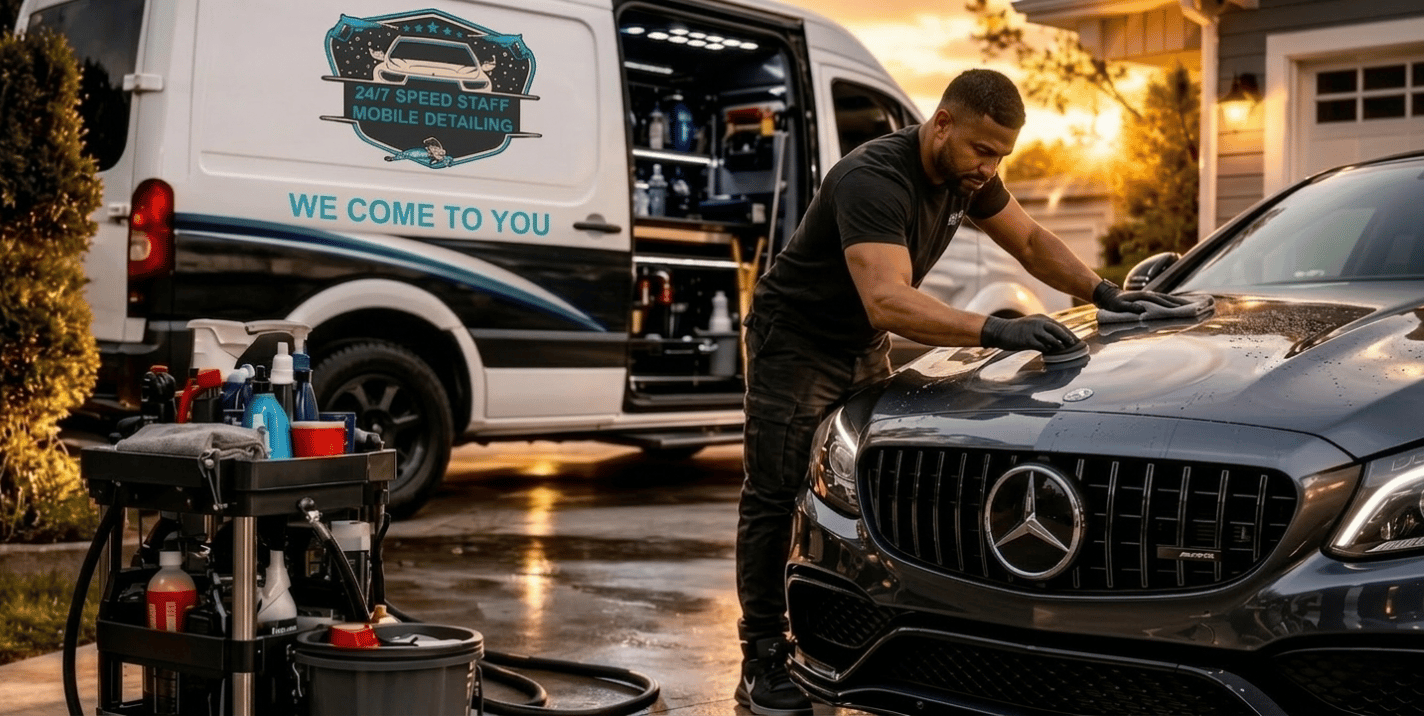 Professional mobile car detailing close-up action shot