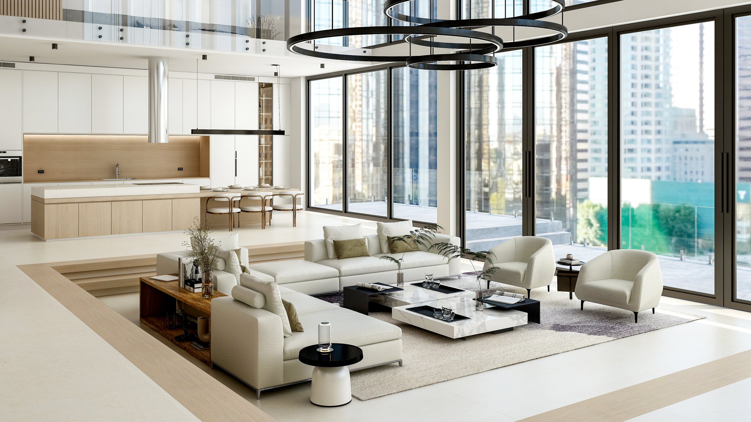 Luxury Modern Loft Interior with Open Space Living Room and Kitchen, 3D Rendering