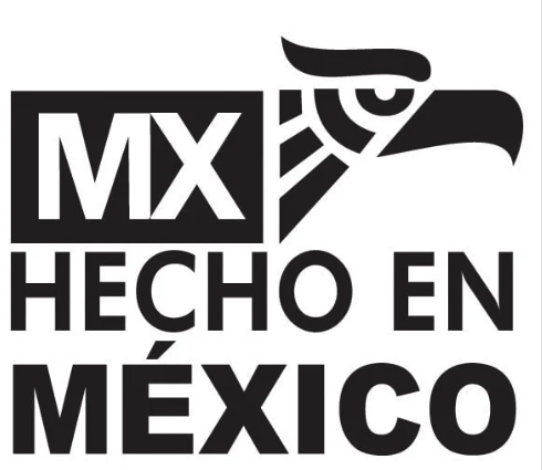 "Hecho en México" logo features stylized eagle head and "MX" within a rectangle, symbolizing products made in Mexico.