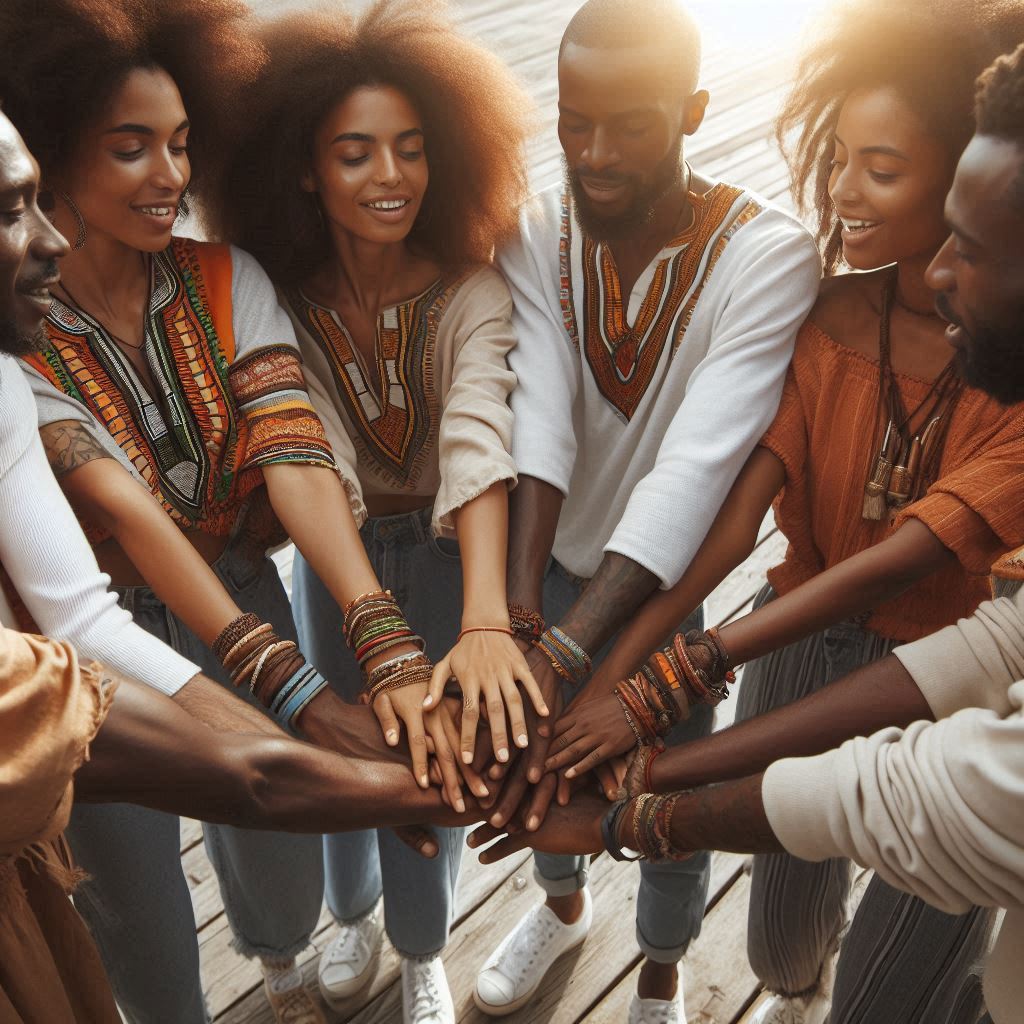 A group of friends with afro hairstyles, wearing colorful ethnic clothing, join hands in a circle outdoors.