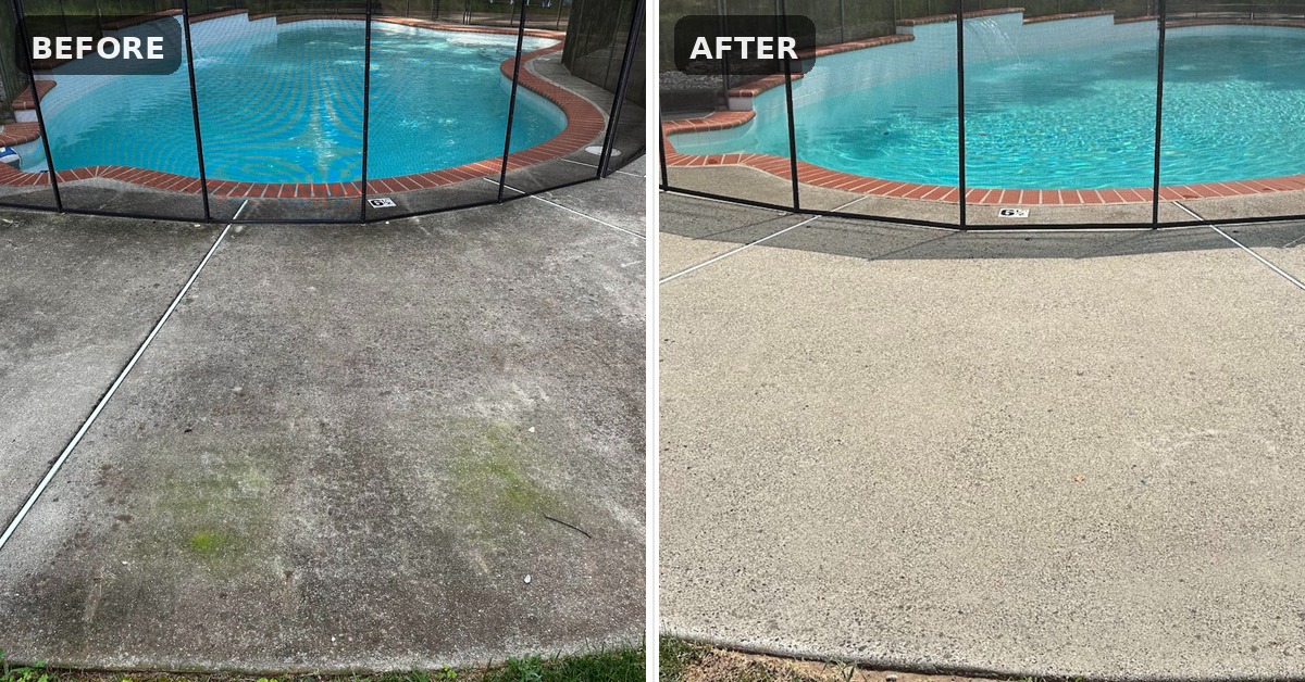 Before and after pool deck pressure washing cleaning