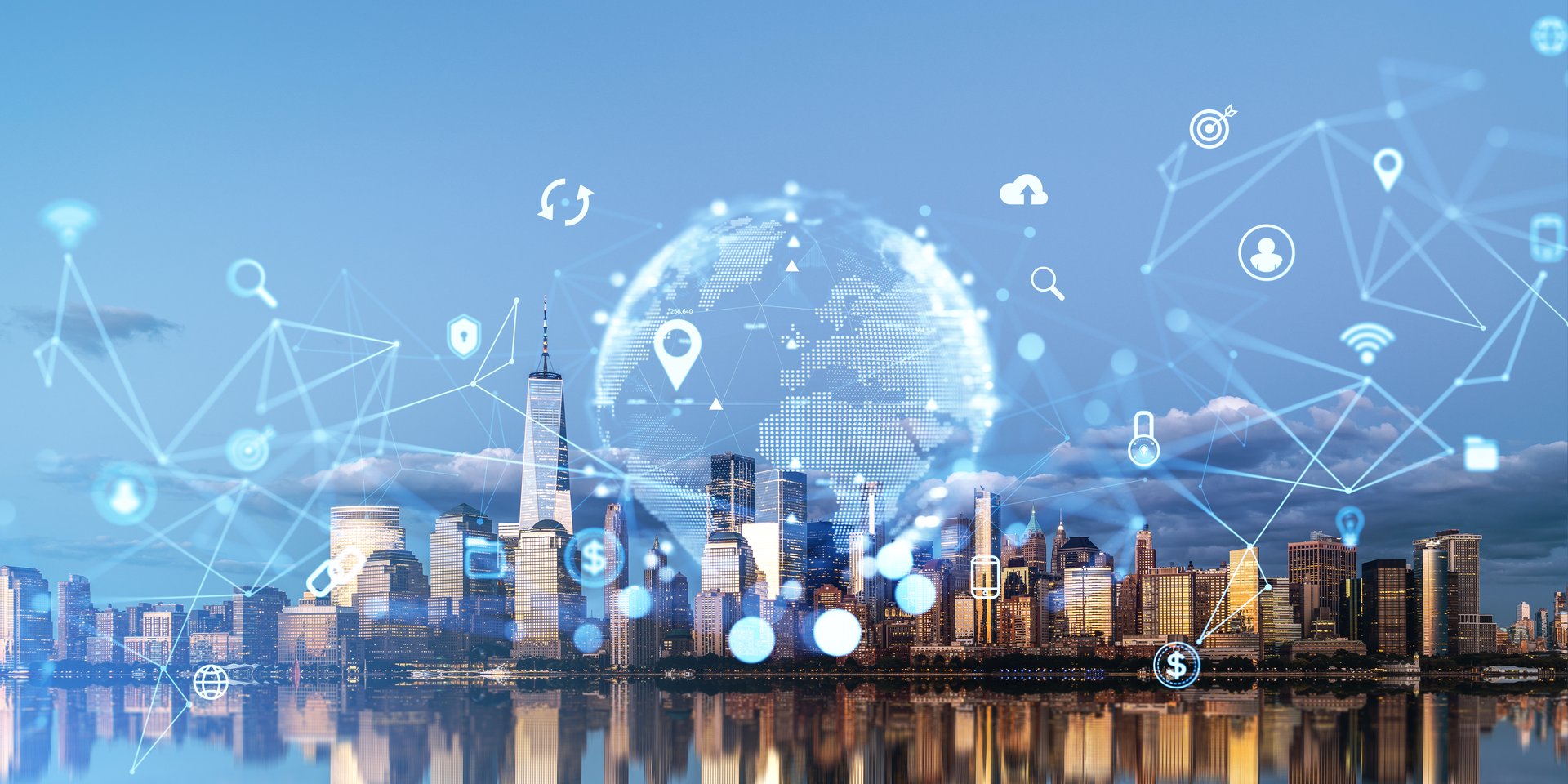 New York skyline, internet of things (IOT) and earth sphere hologram, global network and connection in cyberspace. Concept of future technologies and smart city