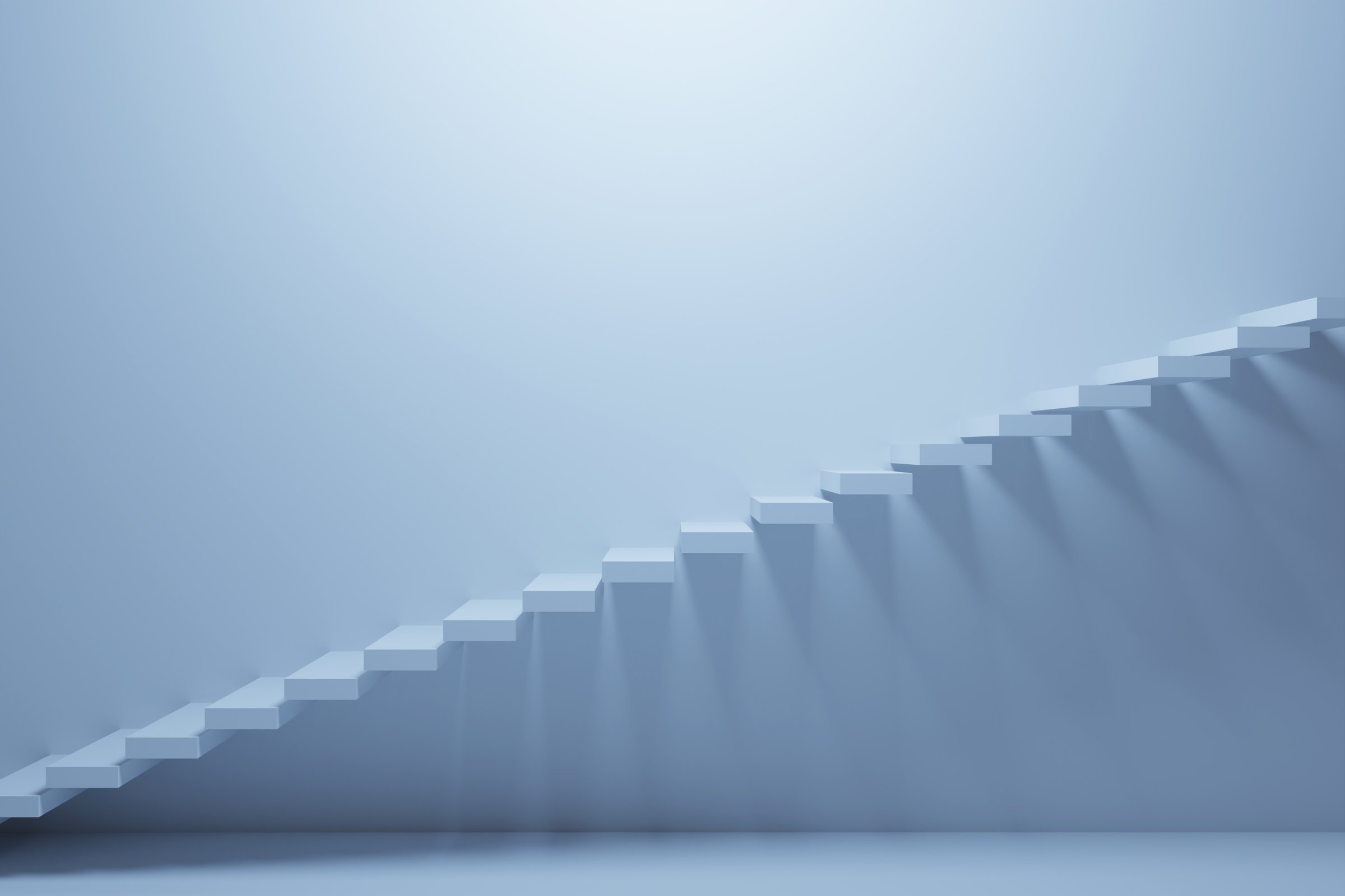 3D illustration blue ascending staircase goes up in an empty room. Business growth, progress and achievement creative concept