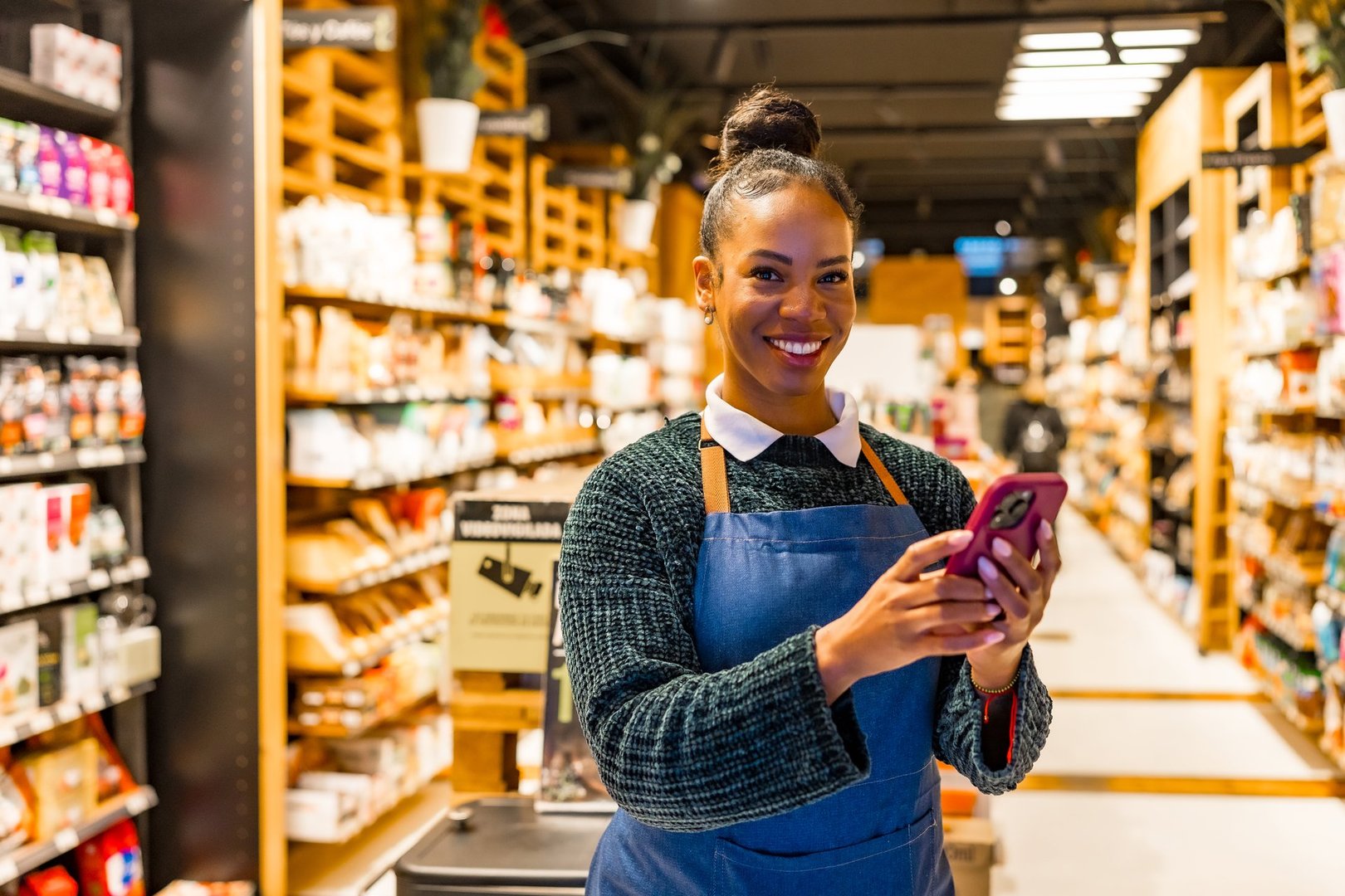 Young saleswoman wearing apron using smartphone, smiling and looking at camera, while standing in the aisle of an organic supermarket