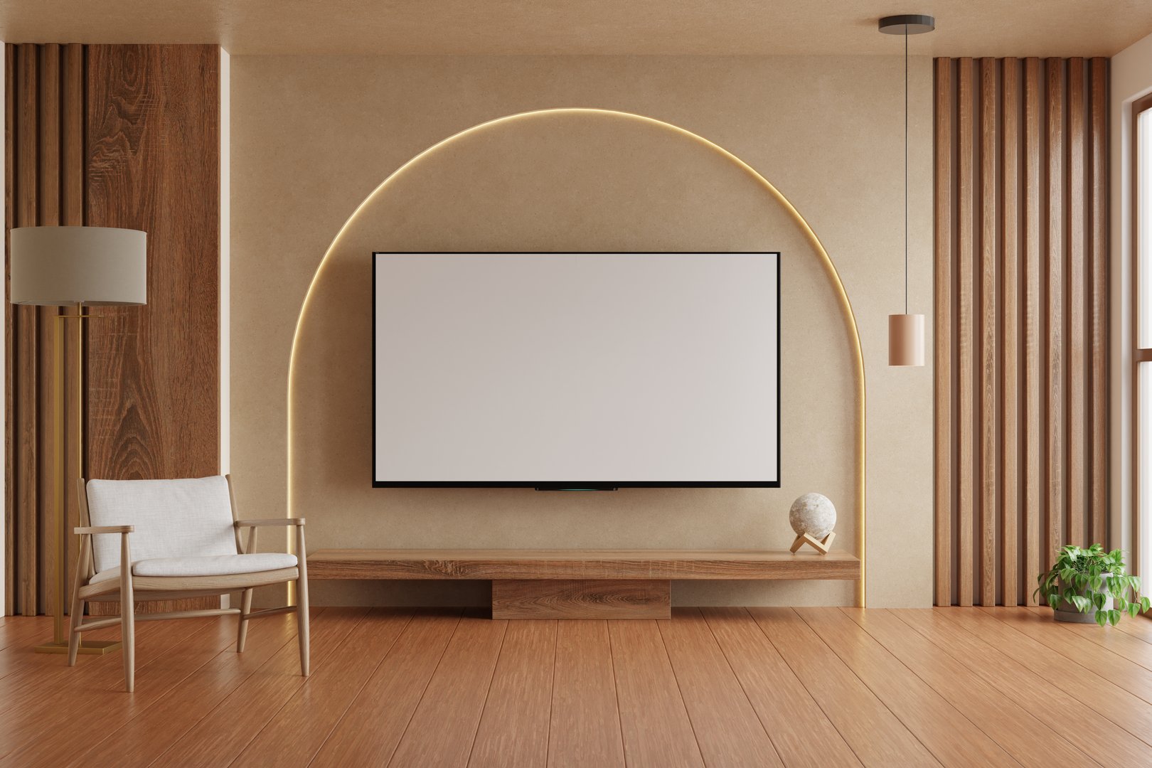 Contemporary living room with wall-mounted TV and elegant arch light- 3D rendering