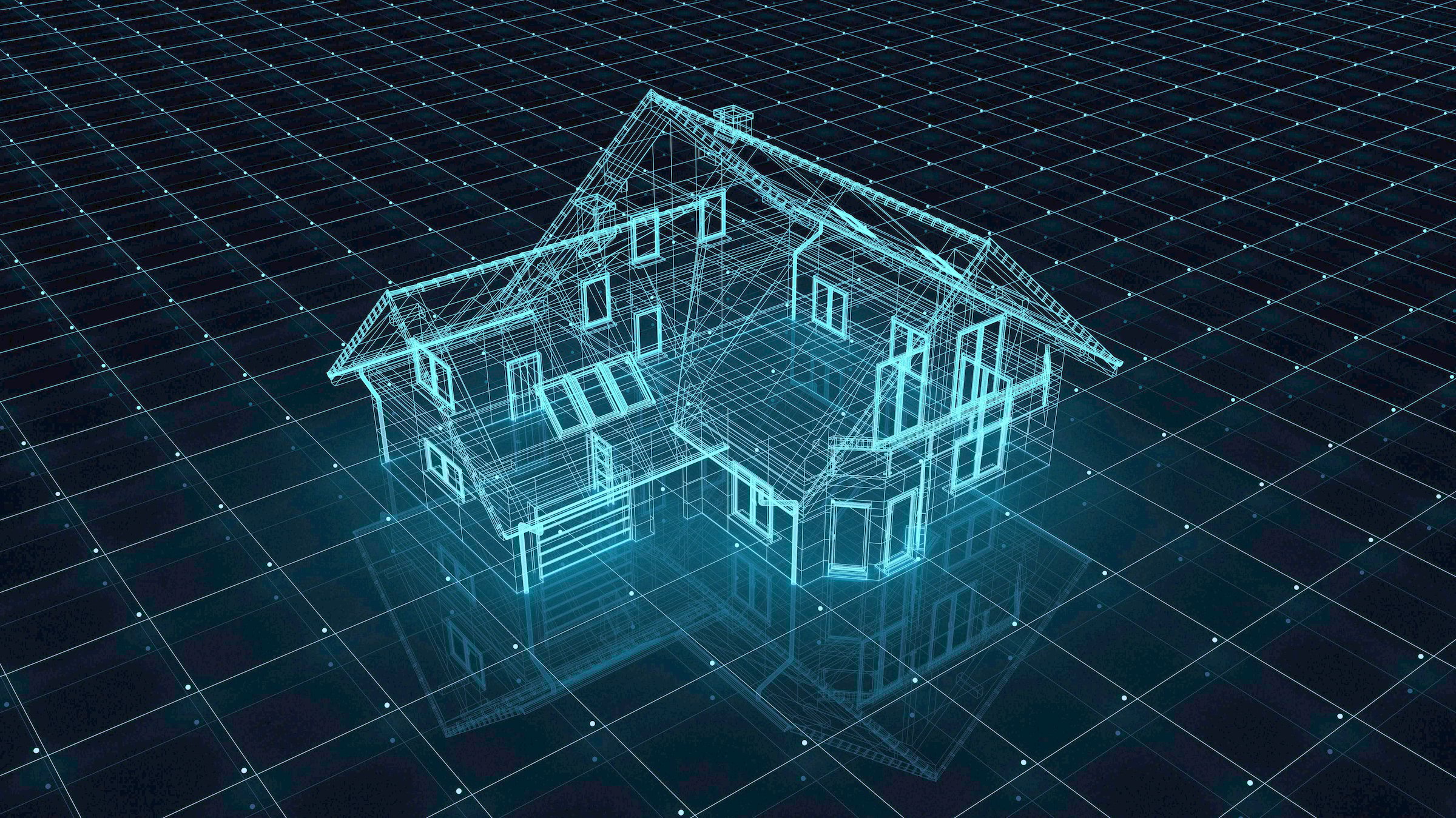 3d Hologram of a luxury home over blueprints