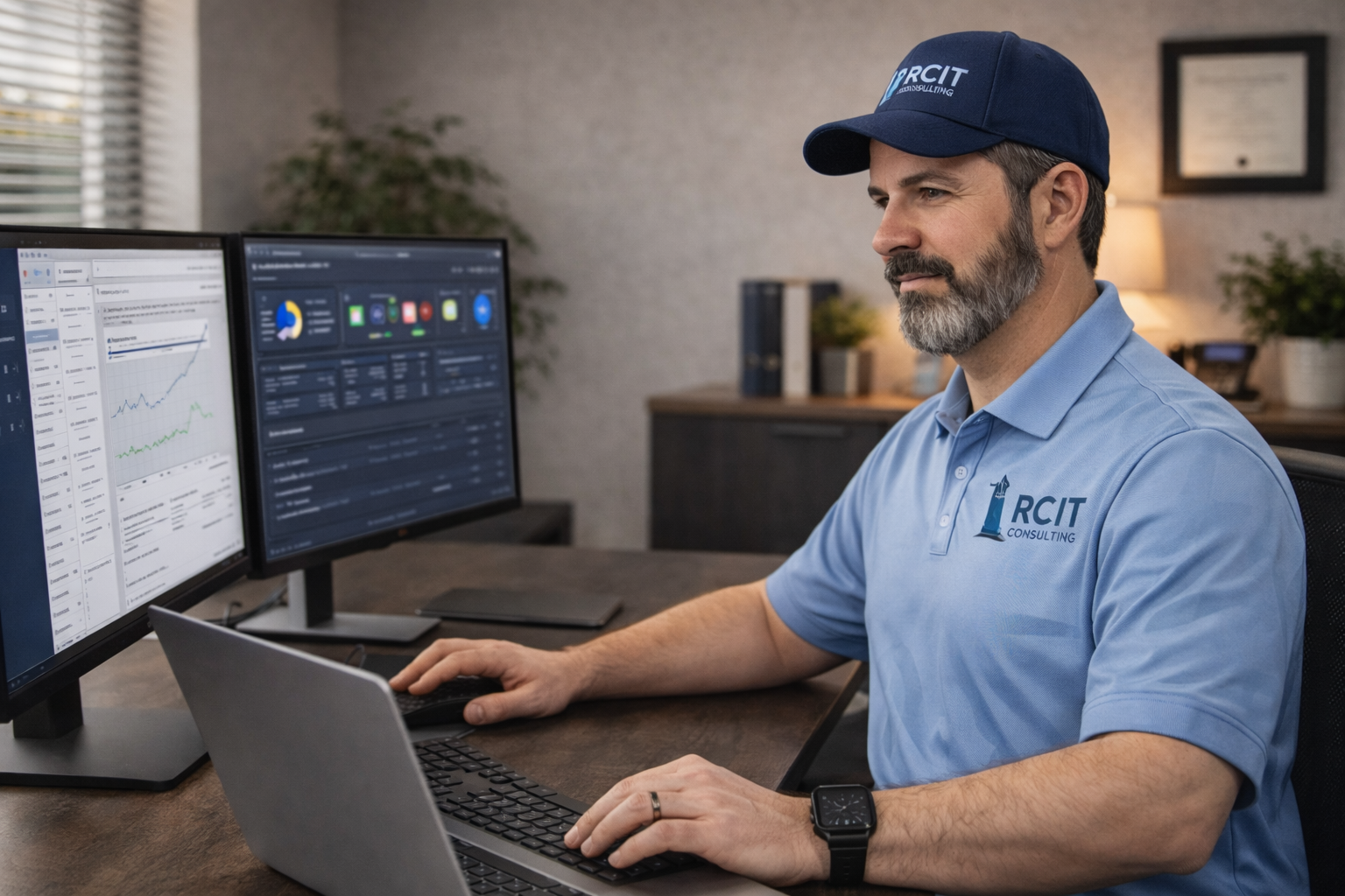 Polo Ron working on laptop monitors at a desk