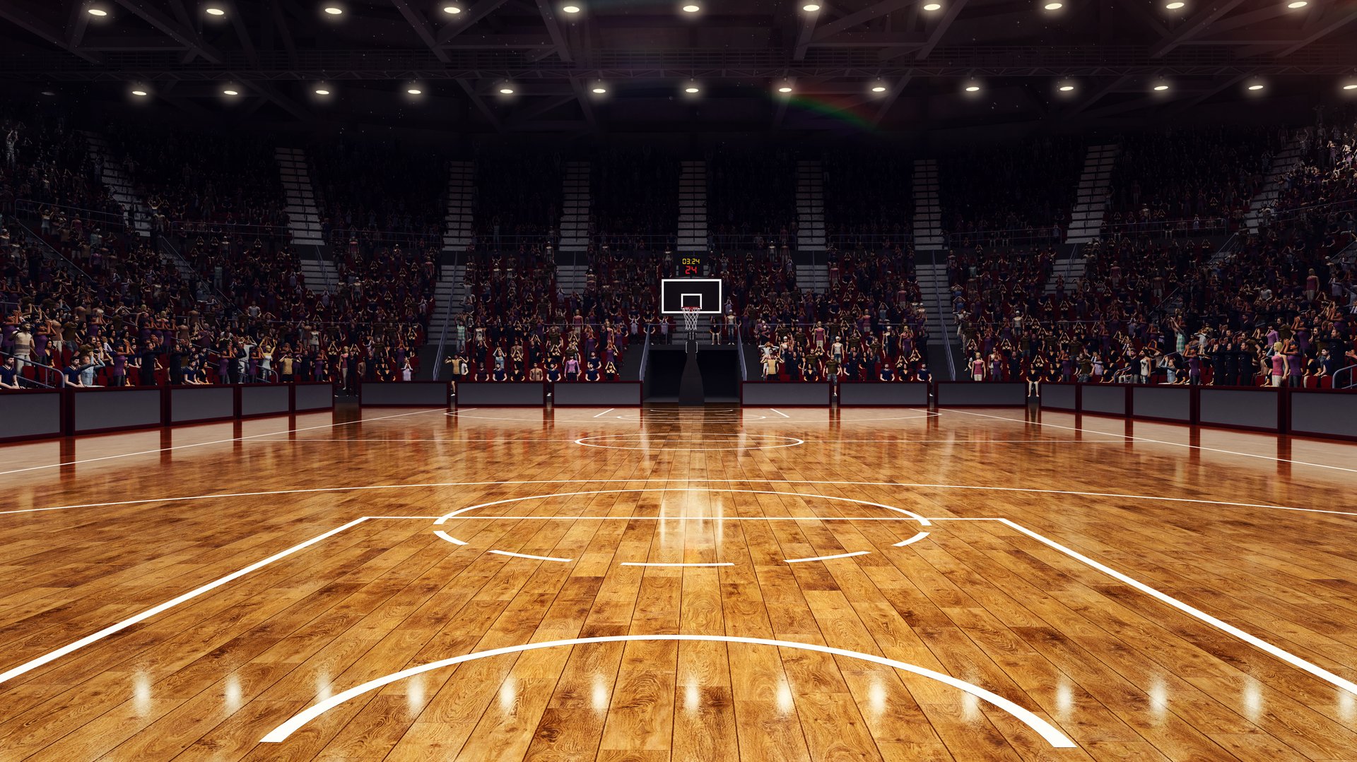 3D rendering illustration. Empty basketball field, court, arena, stadium with crowdy of people stages. Fans on tribunes waiting favorite team before game. Concept of sport battle, champion.