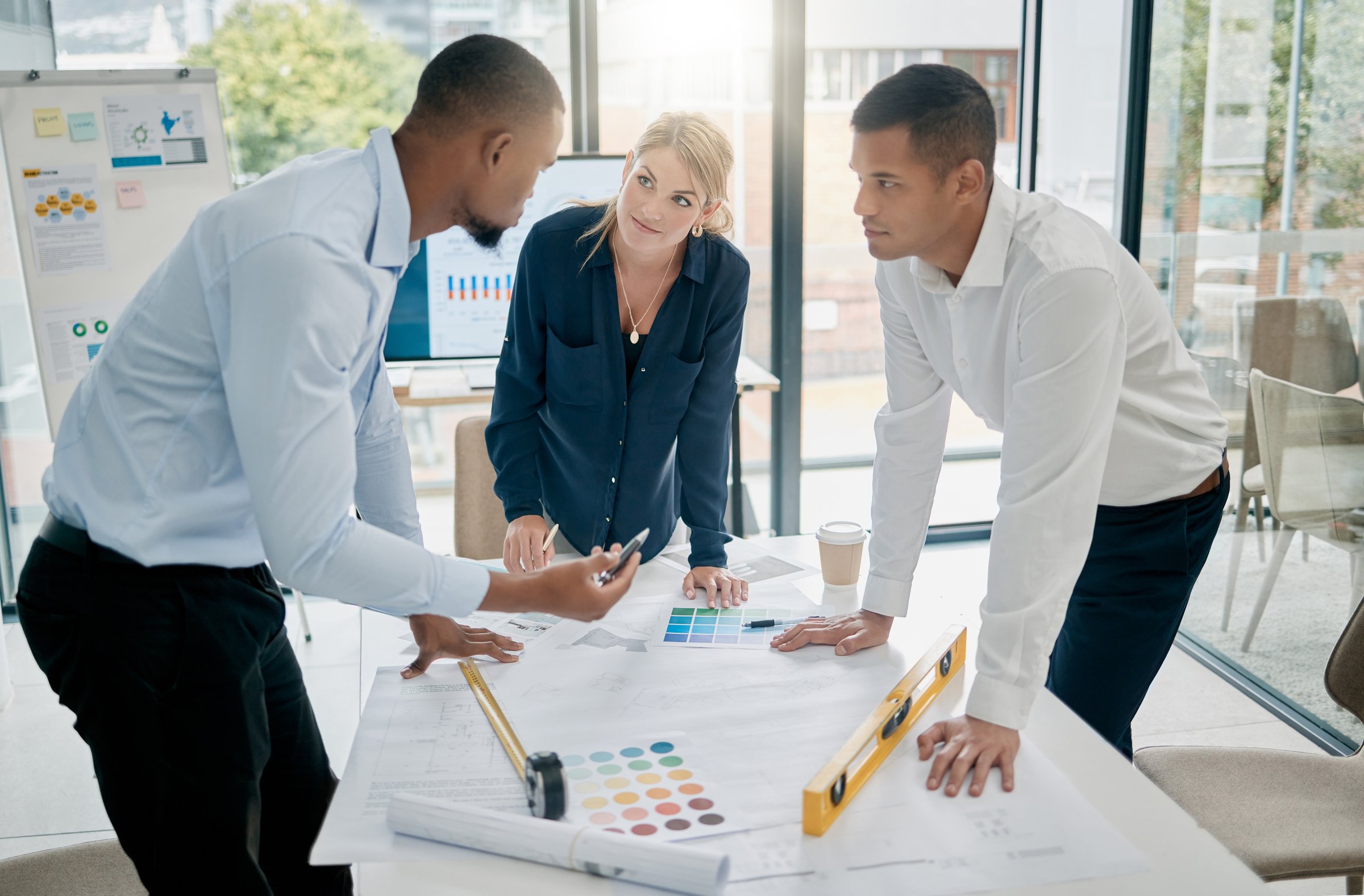 Planning collaboration, swatch and interior design team work on renovation, creative project or architecture development. Diversity designer meeting, choice and architect employee brainstorming idea