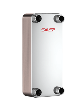 A rectangular heat exchanger with four pipe connectors and a logo on the front surface.