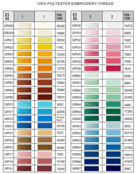 Color chart of 100% polyester embroidery thread displaying various shades organized by GS and Pantone numbers.