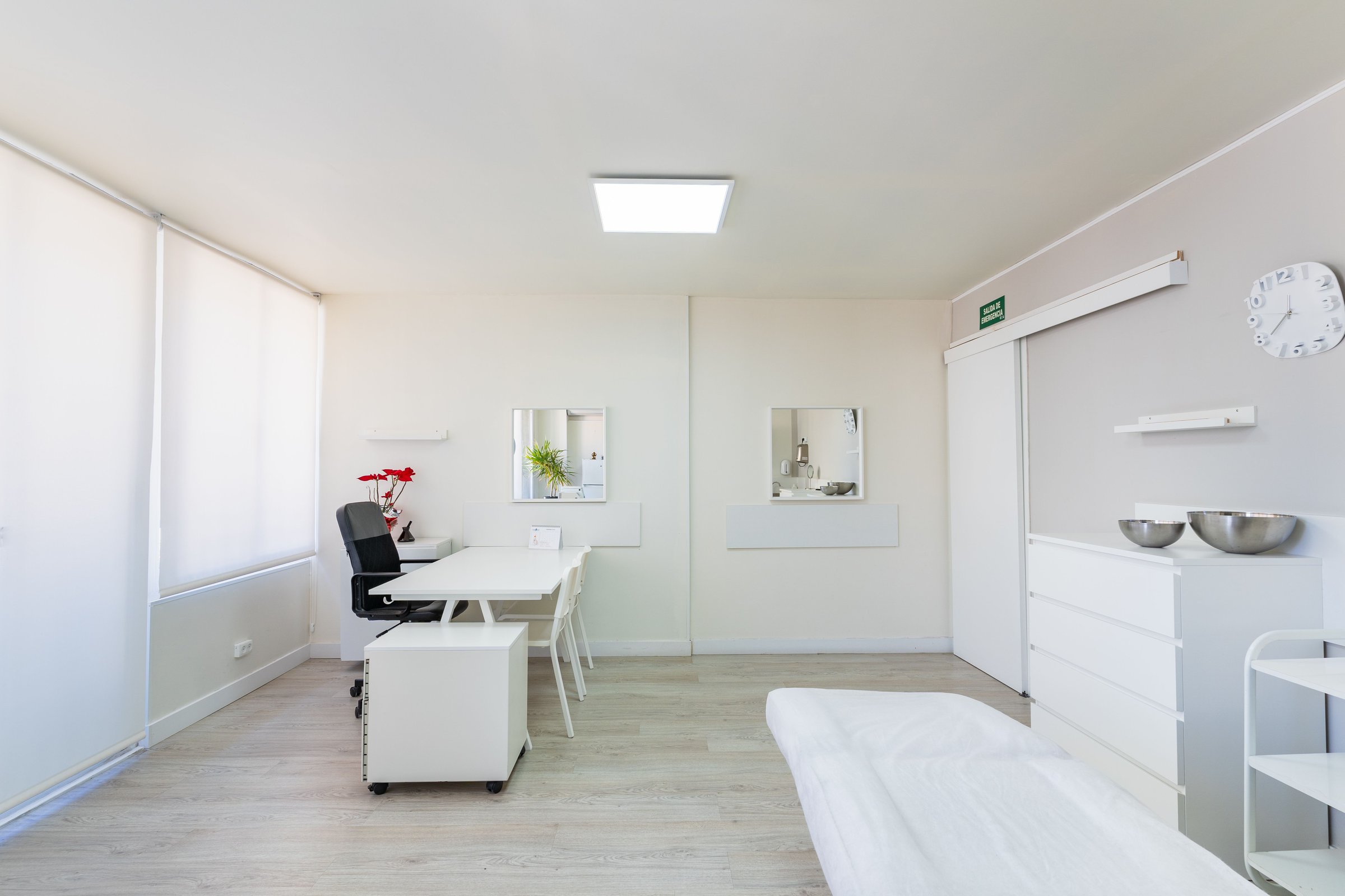 Clean clinical environment featuring consultation desk, examination bed and decorative accents in a bright professional setting with natural light.