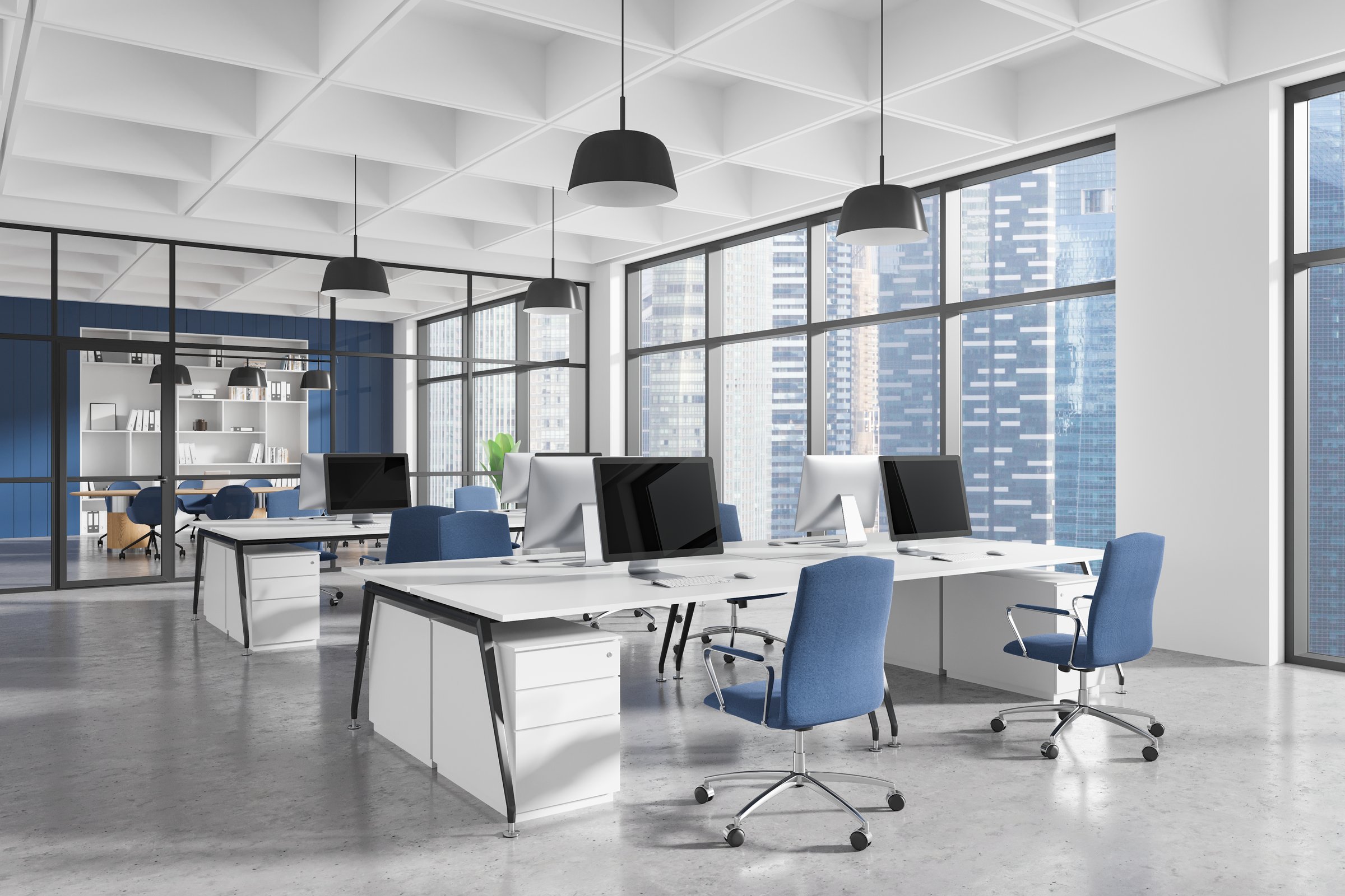 Contemporary office interior with ergonomic furniture, blue chairs, desks, and computers in a spacious area with large windows. Concept of workspace design. 3D Rendering.