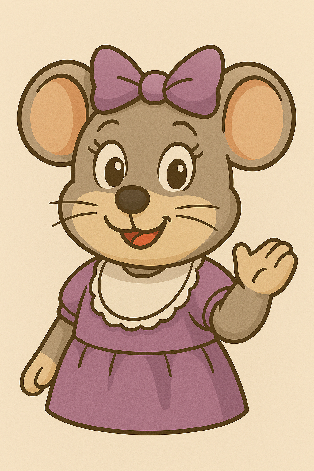 Cartoon mouse in a purple dress with a bow, smiling and waving.