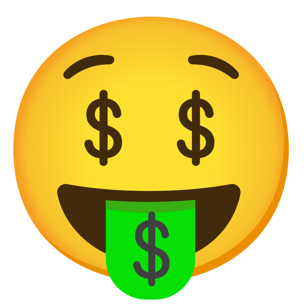 Emoji with dollar signs for eyes and a green tongue with a dollar sign, indicating wealth or money-related excitement.