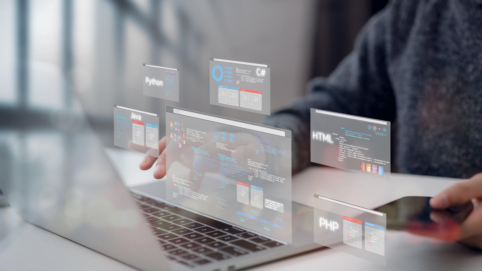 Python Programming Web Development Coding Concept.Software development concepts and programming for various devices, Software Engineer Computer programming, coding process, chart, and Data analytics.