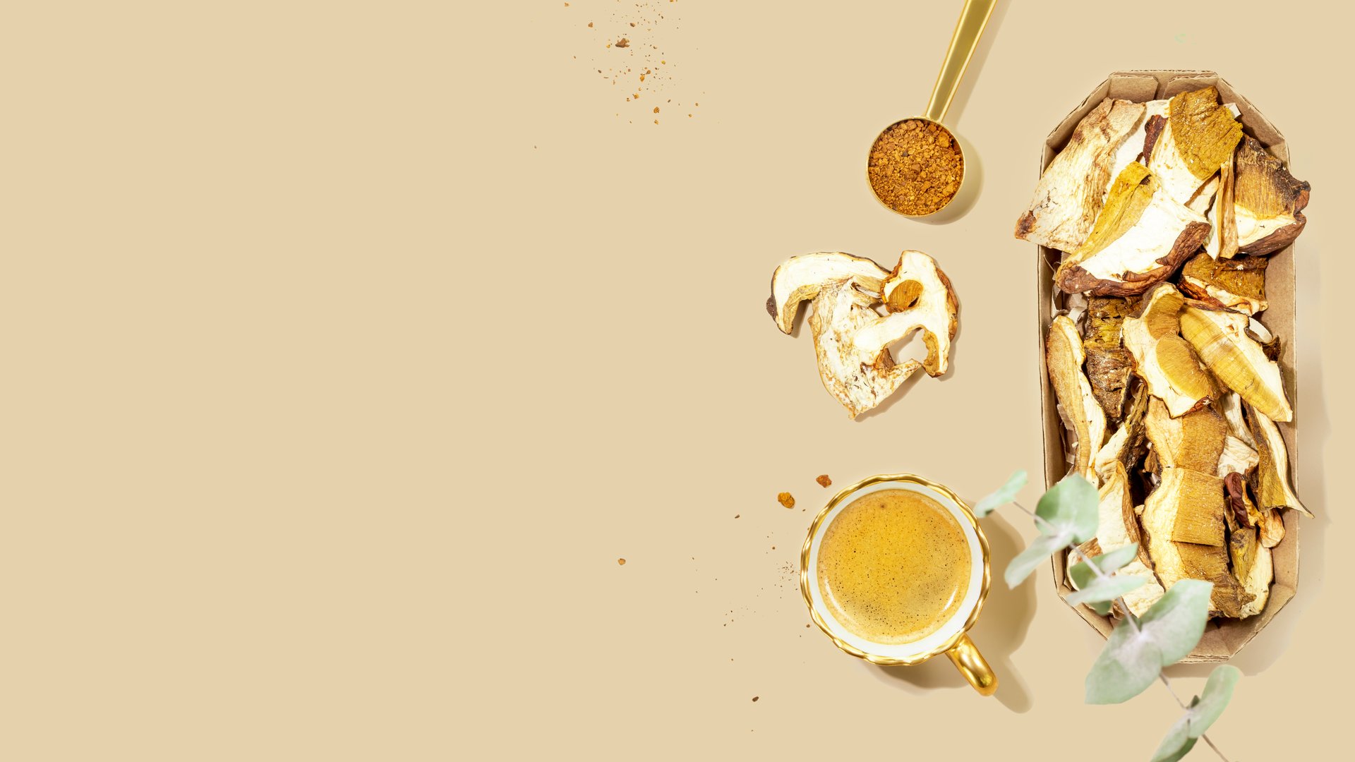 Mushroom coffee. Cup of fresh mushroom coffee, dry mushrooms and powder on beige background with leaves. Healthy vegan or vegetarian food. New Superfood Trend. Copy space, top view