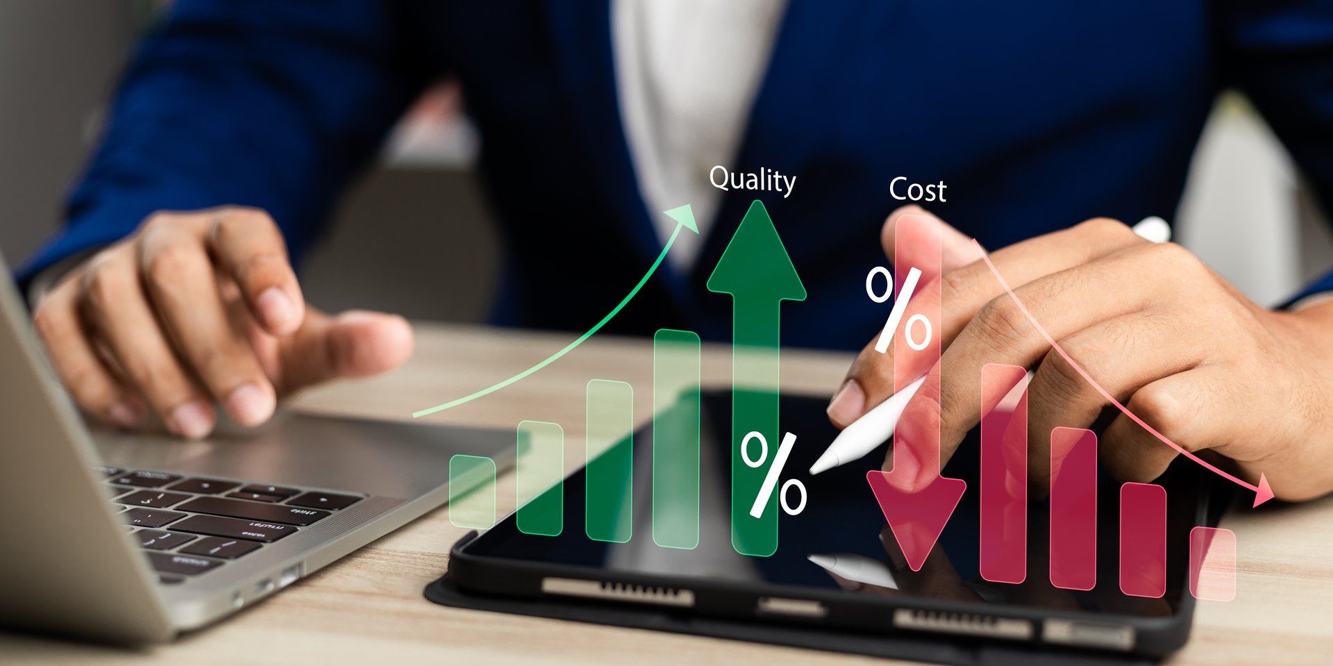 Business strategy success Cost and quality control for effective management Achieving goals, Businessman analyzing growth graph and cost reduction, Success business growth for long-term investments.