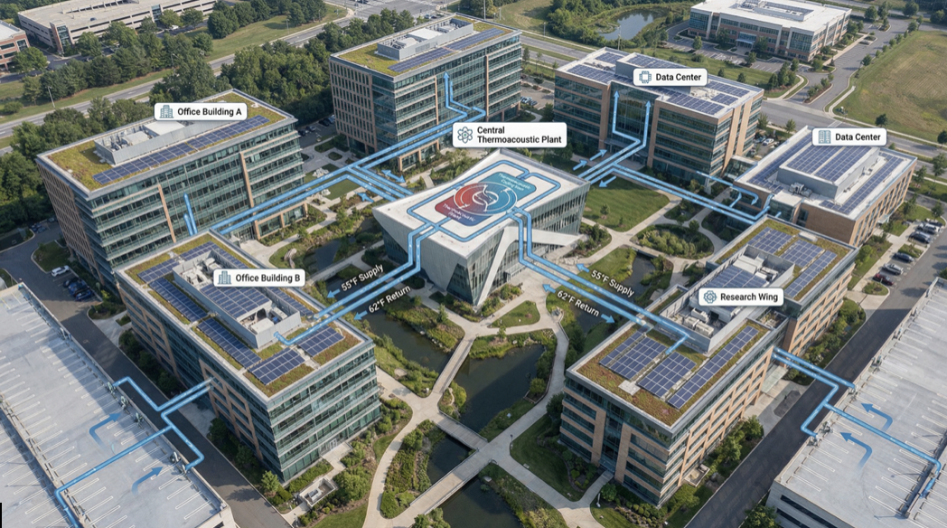 Modern corporate campus with centralized thermoacoustic cooling system