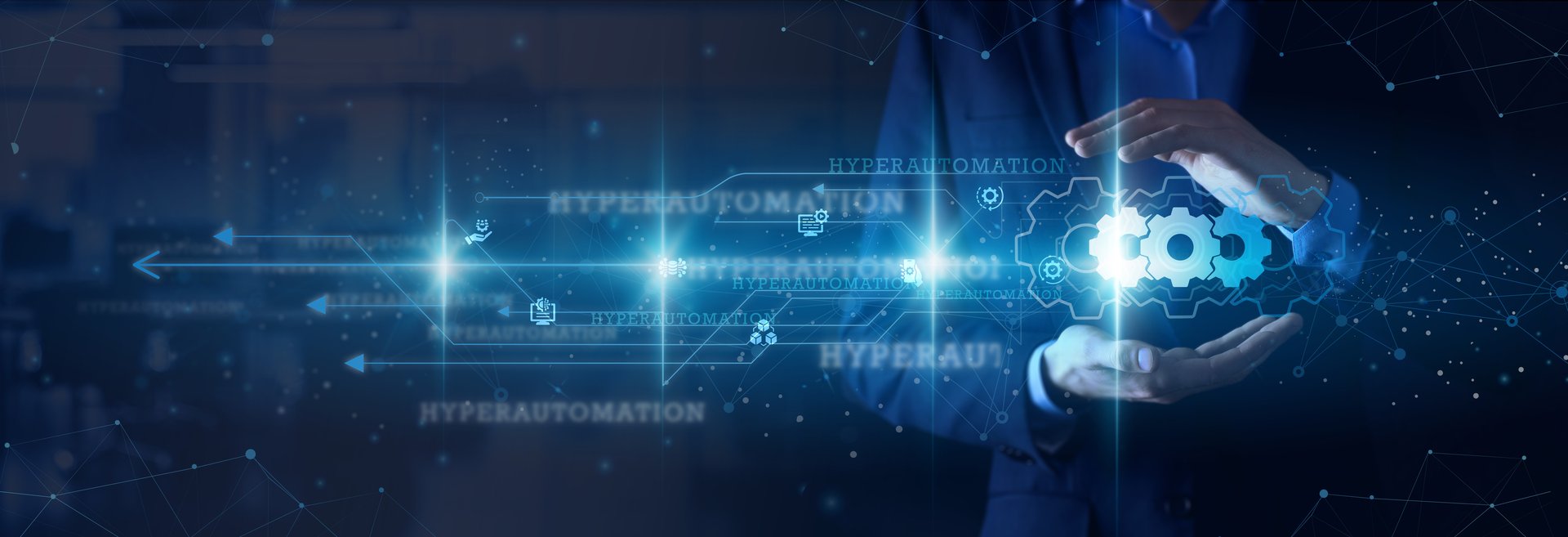 Process Automation Expert hands holding flowchart Hyperautomation RPA intelligent process discovery network connections BPM low-code digital transformation efficiency.