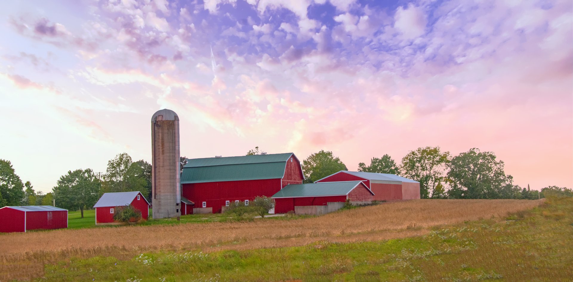 Red barn and silo at sunrise- Central Wisconsin