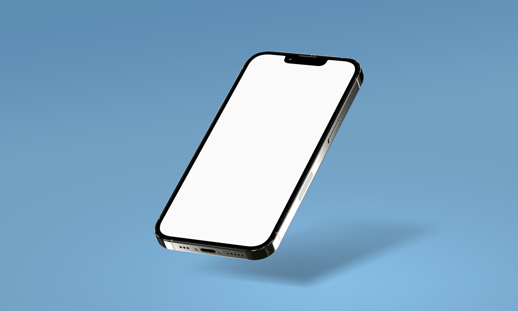 Floating smartphone mockup with blank white screen isolated on blue background. Digital mobile advertisement template. Realistic 3D phone with shadow, viewed from sideway angle.