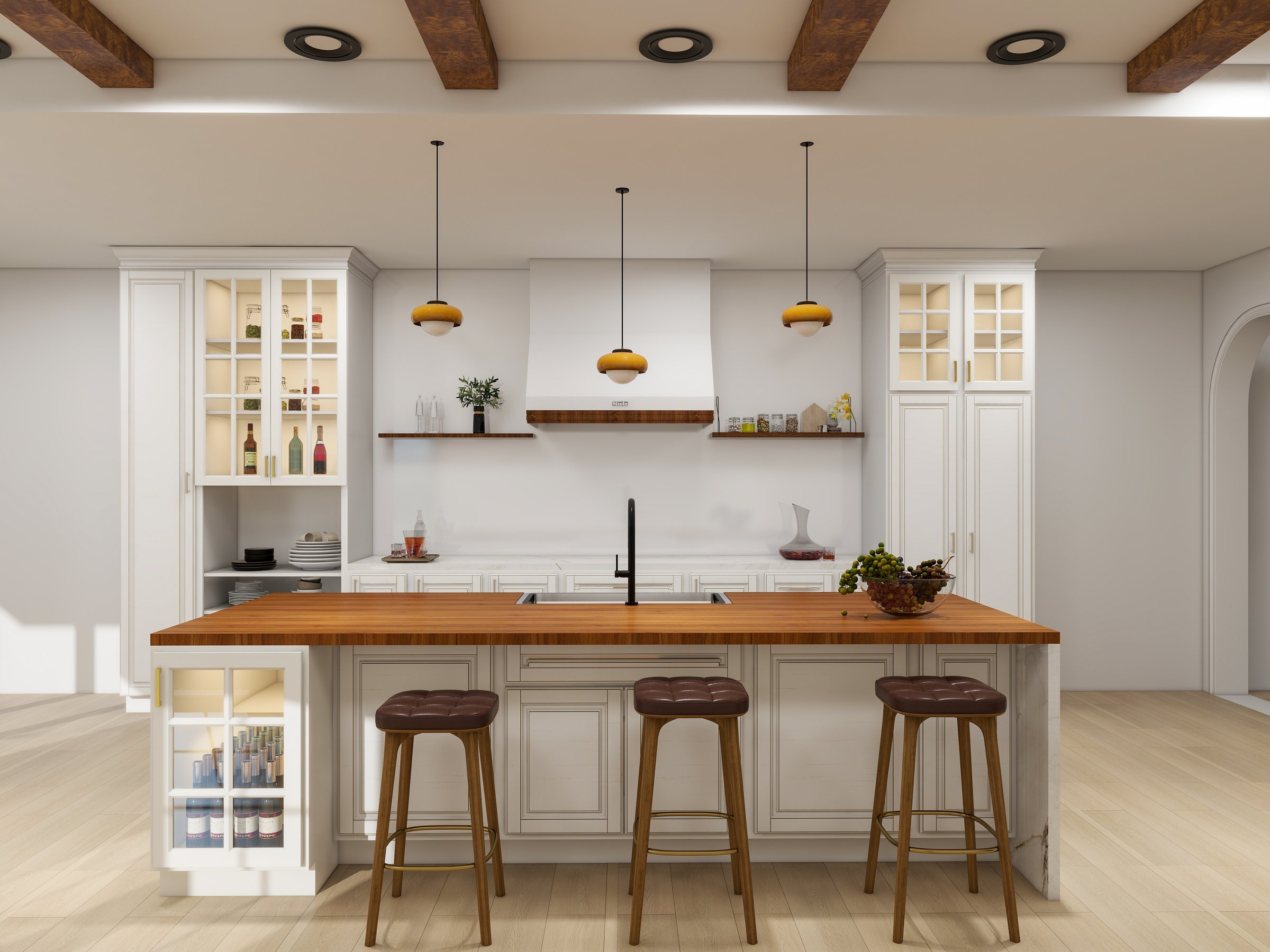 Modern kitchen interior design with wooden island, stools, and pendant lights