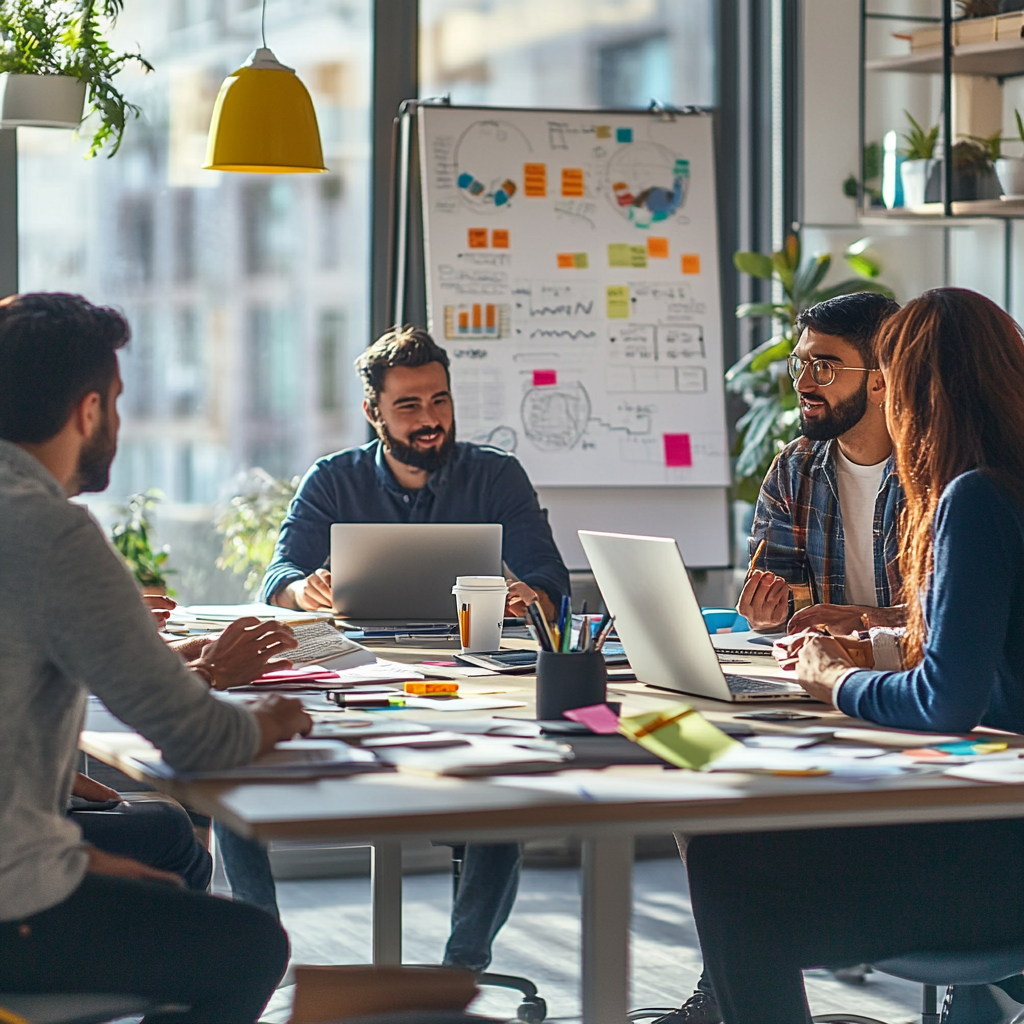 Team meeting with people discussing and using laptops in a bright office, whiteboard with charts in the background.