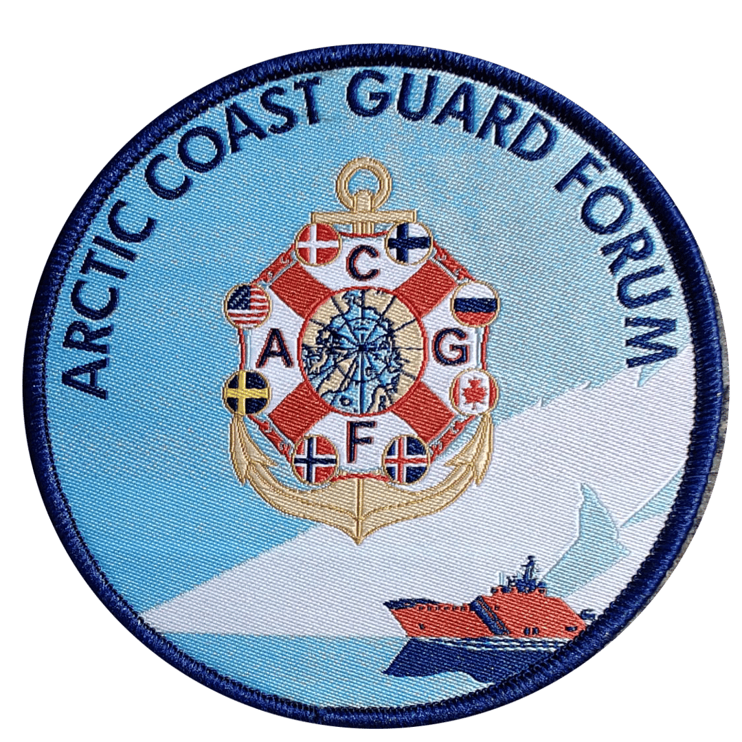 Patch for the Arctic Coast Guard Forum featuring a ship and an emblem with flags of member countries on a blue background.