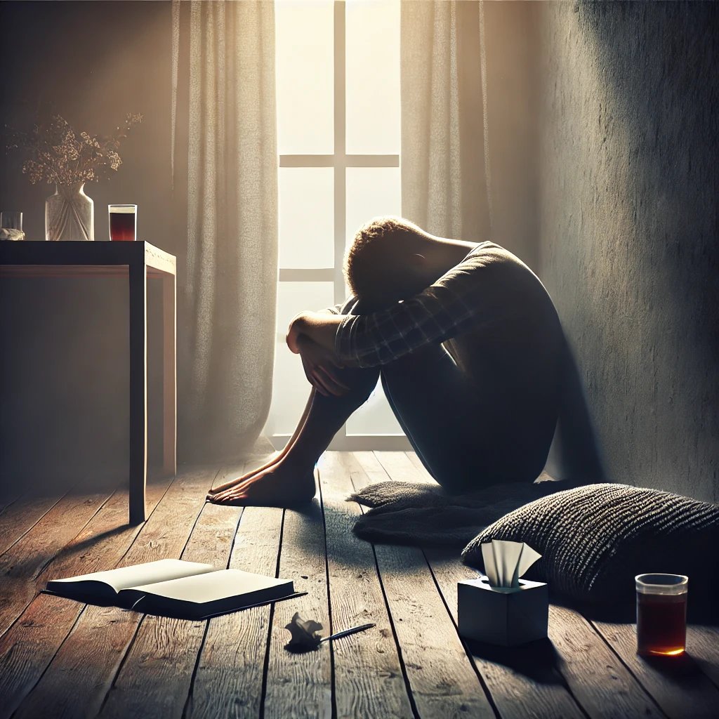 Person sitting on floor by a window, head on knees, in a dimly lit room with scattered objects like a book and tissue box.