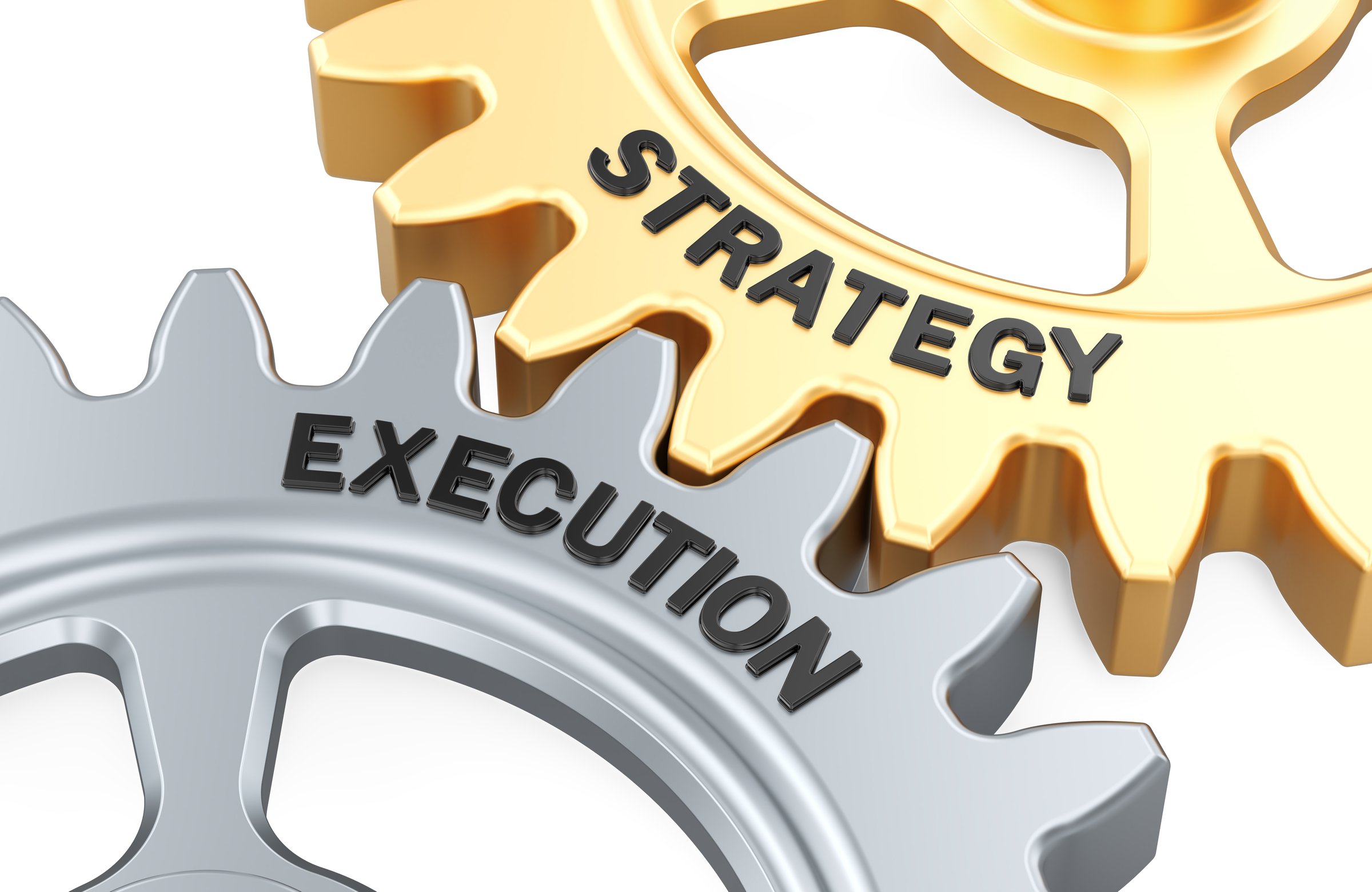 Strategy and Execution, gears concept. 3D rendering isolated on white background